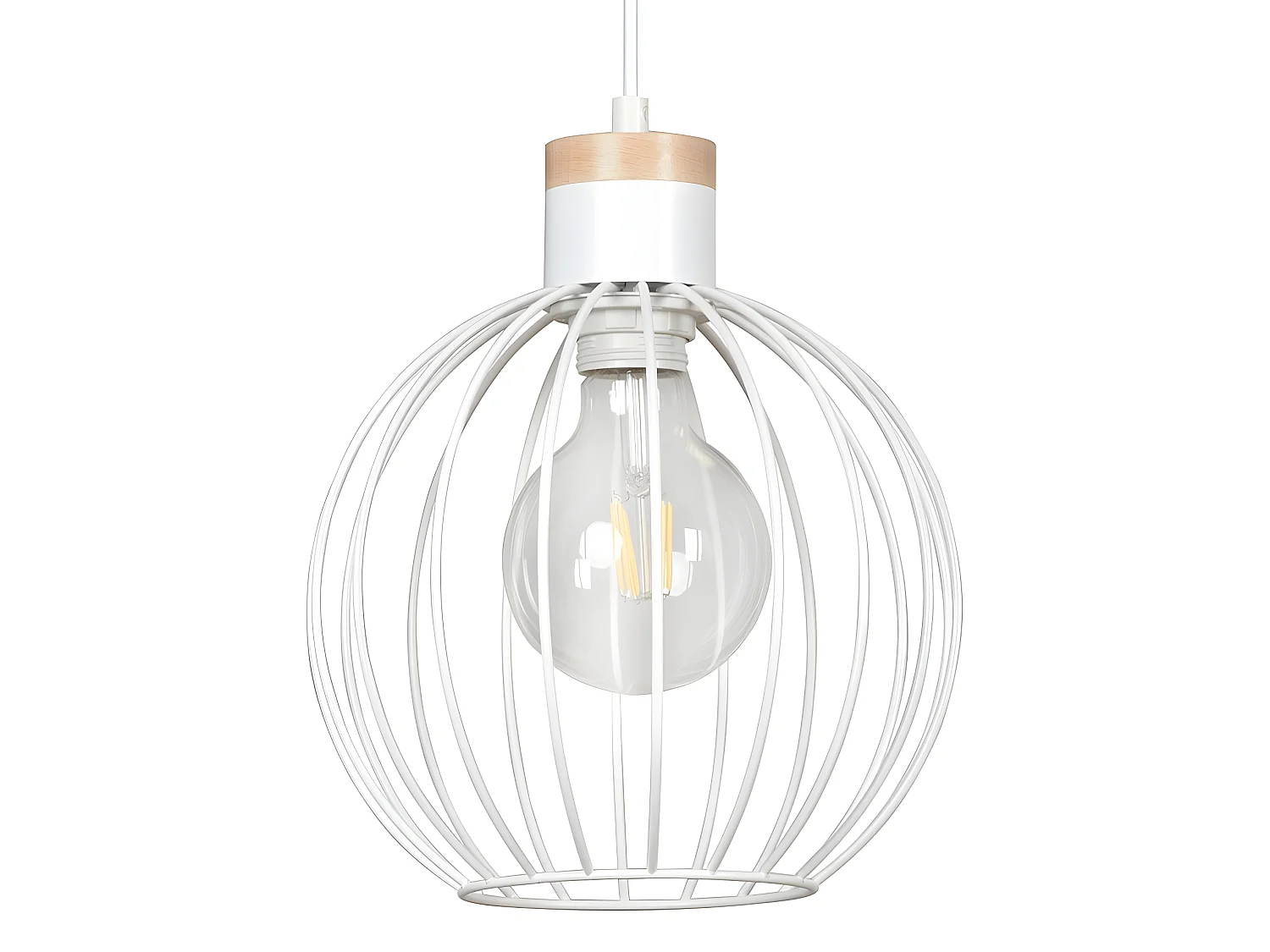 Lampada a sospensione con sfera in metallo su griglia e pezzo in legno 1xE27 ø22cm