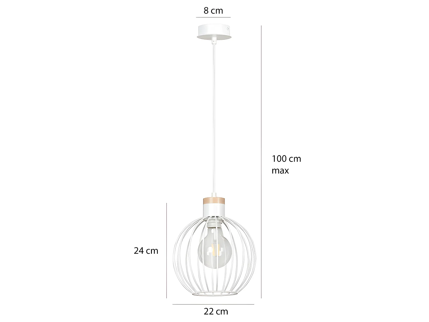 Lampada a sospensione con sfera in metallo su griglia e pezzo in legno 1xE27 ø22cm