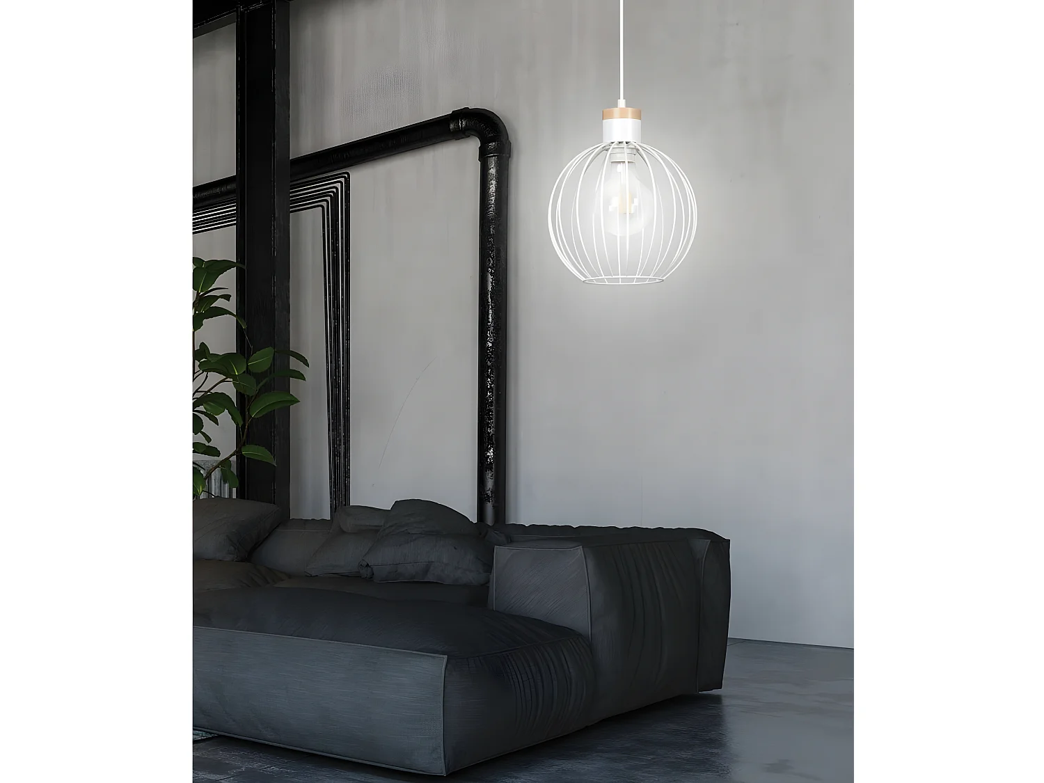 Suspension avec sphère métallique sur grille et pièce en bois 1xE27 ø22cm