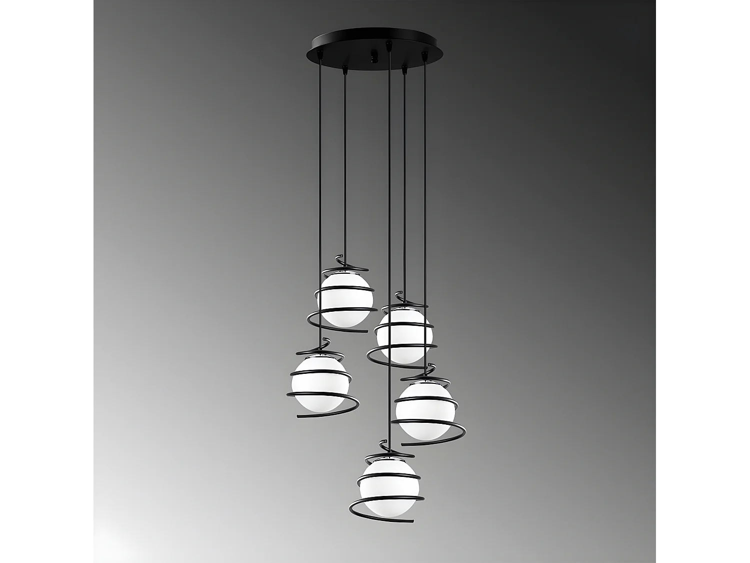 Moderne-Pendelleuchte Galene mit 5 schwarzen Spiralen und Glaskugeln 3xE27 ø50cm