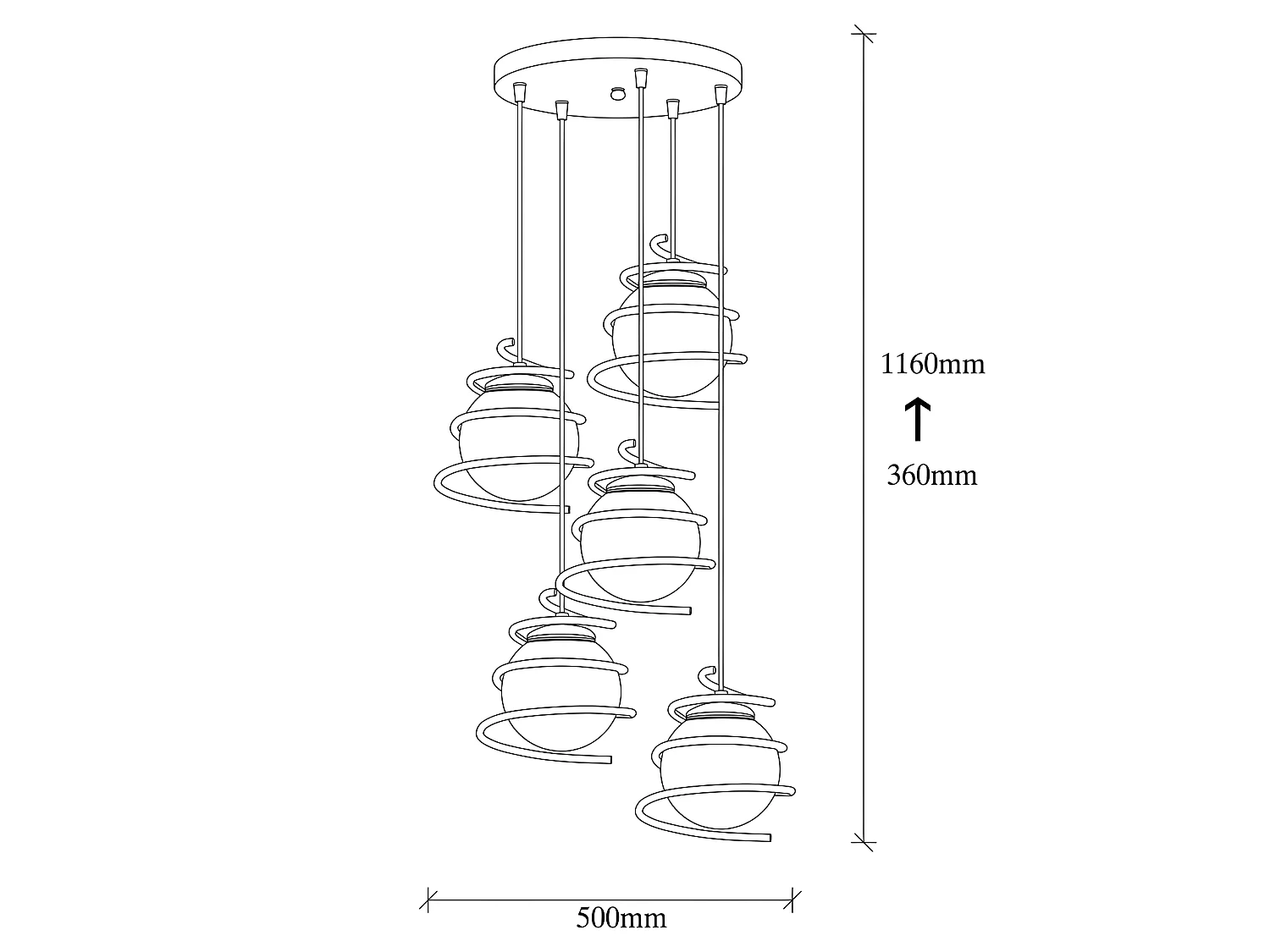 Suspension moderne Galene avec 5 spirales noires et sphères en verre 3xE27 ø50cm