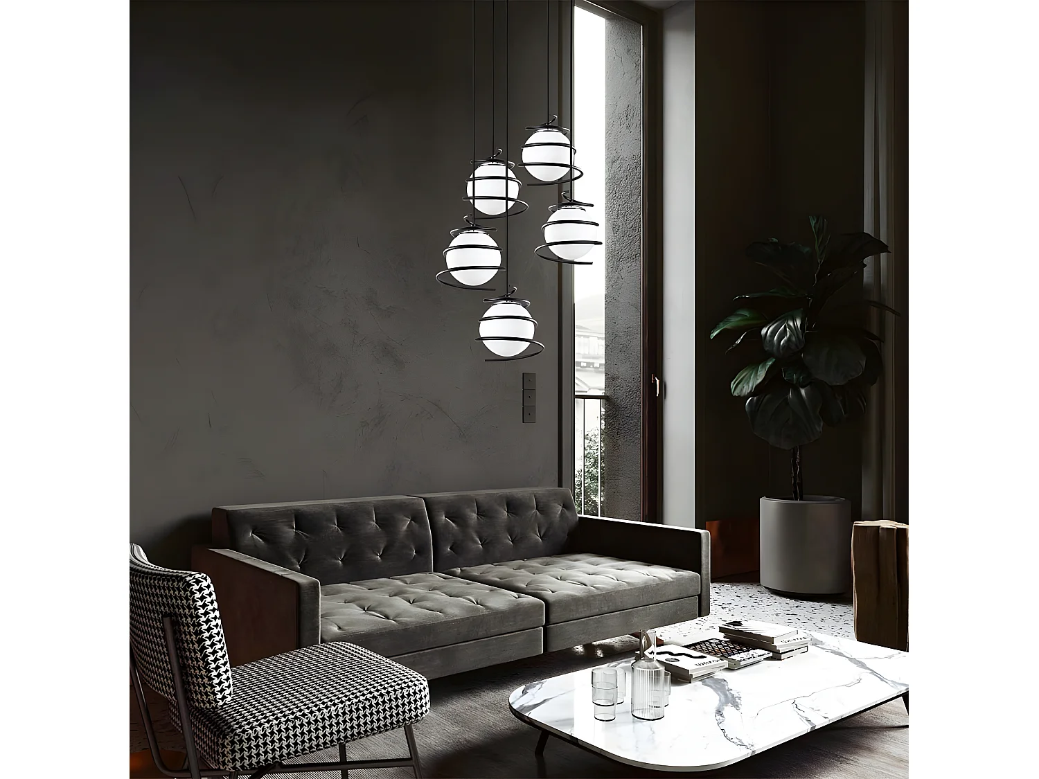 Suspension moderne Galene avec 5 spirales noires et sphères en verre 3xE27 ø50cm