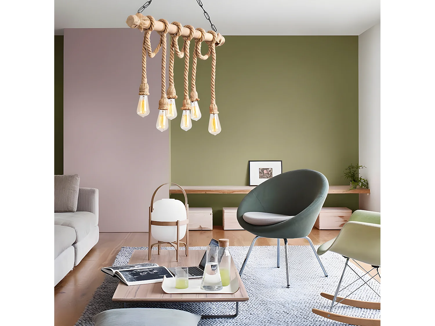 Suspension Gentry rustique en bois avec 6 cordes suspendues beiges 6xE27