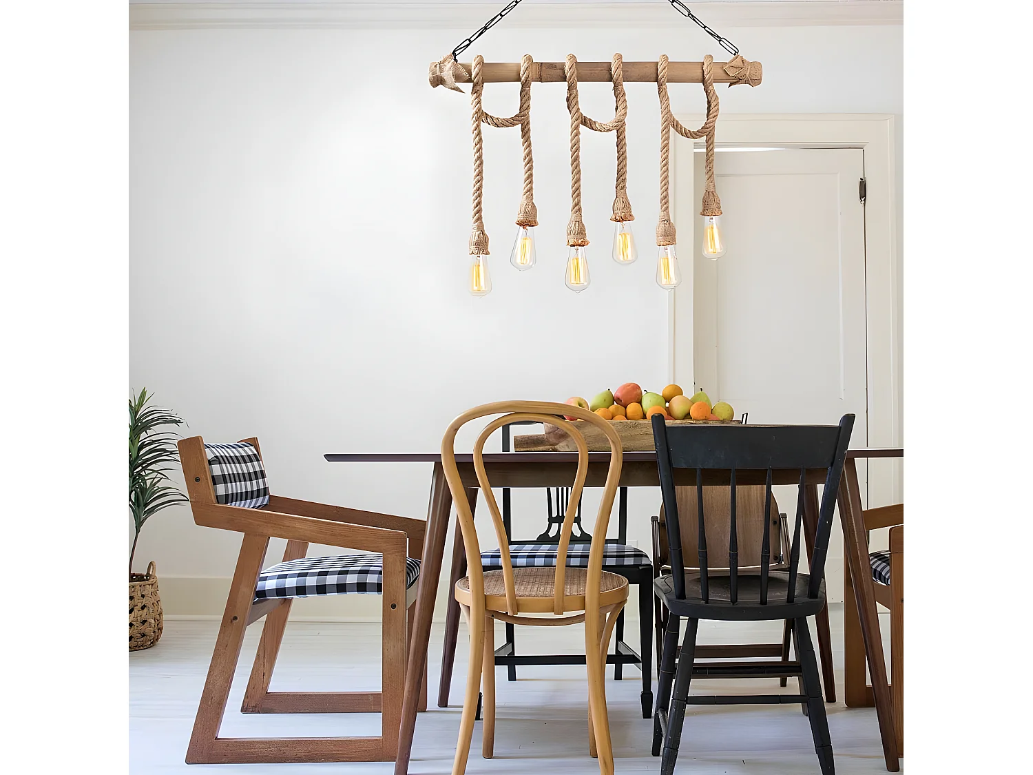 Suspension Gentry rustique en bois avec 6 cordes suspendues beiges 6xE27