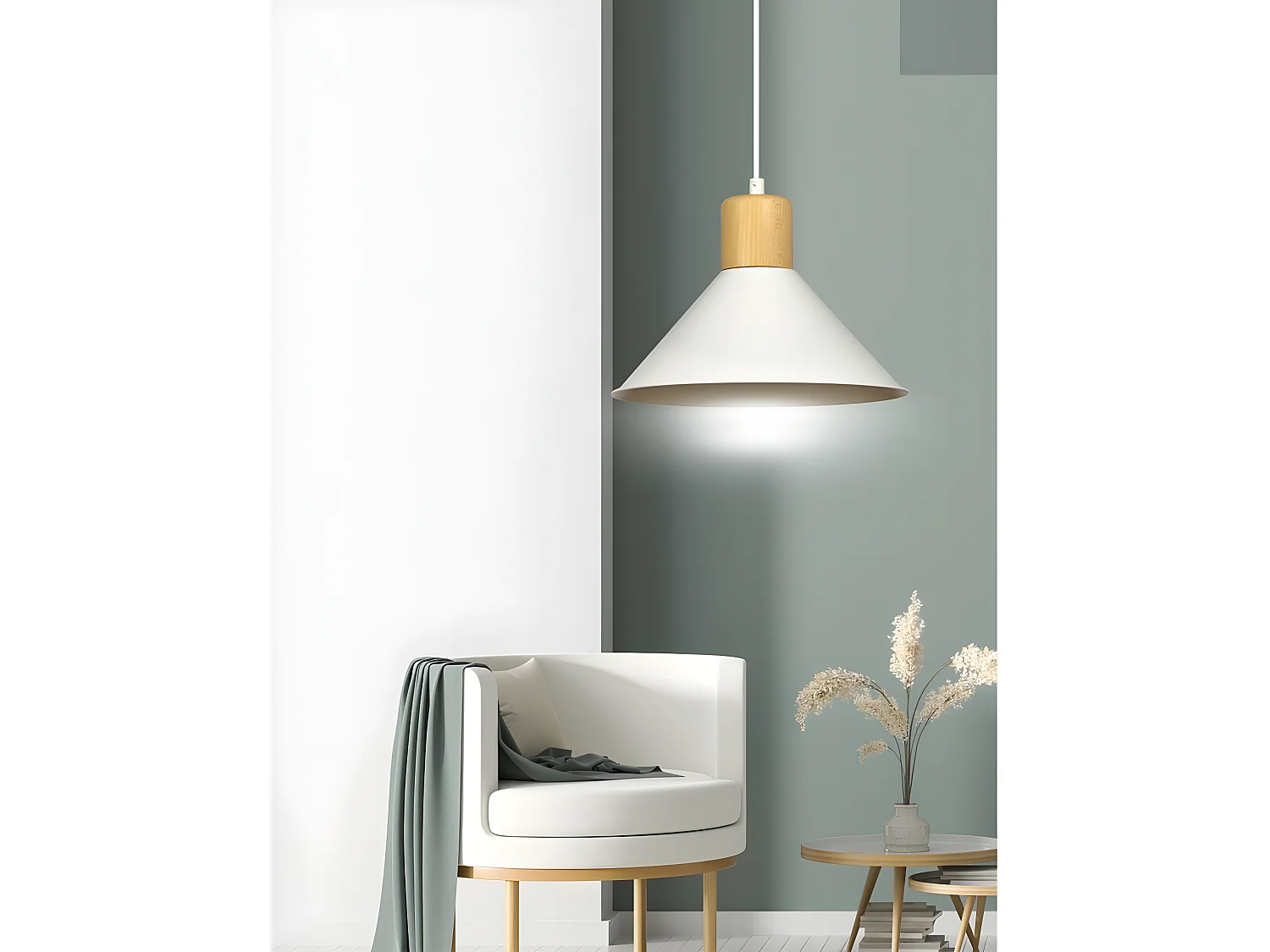 Suspension Nordic Piedmont avec abat-jour blanc et pièce en bois 1xE27 ø25cm