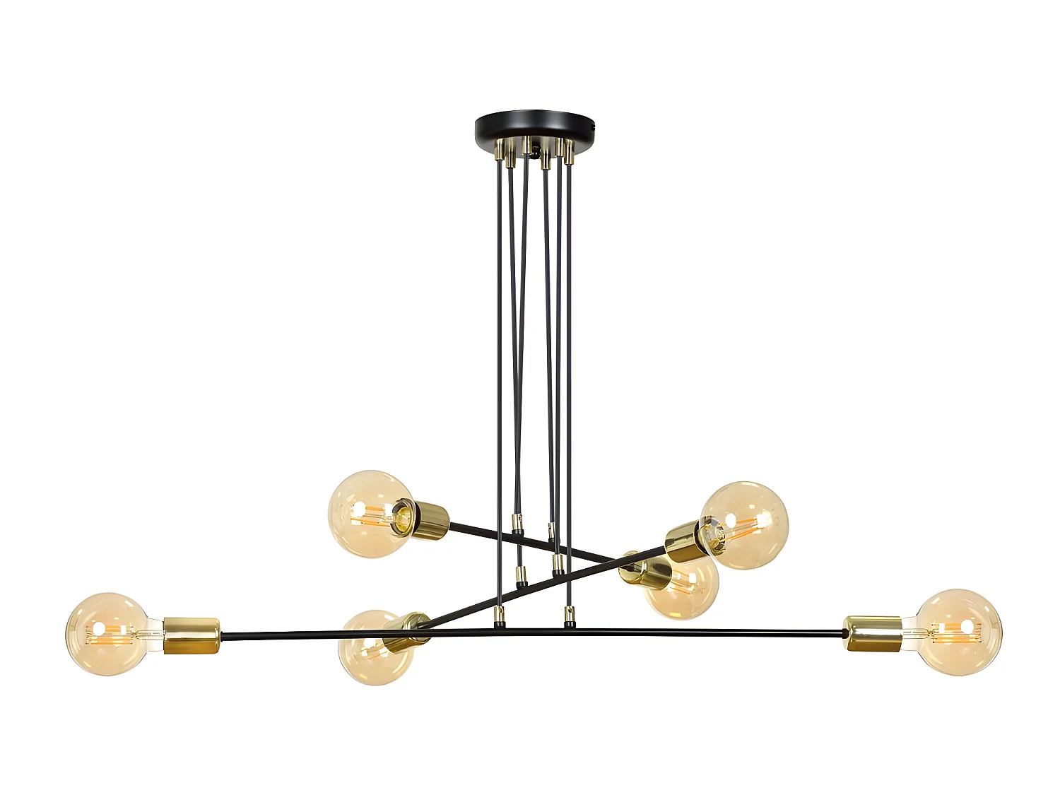 Lampada da soffitto Sives con barre in metallo nero e 6 portalampade dorati 6xE27 ø84cm