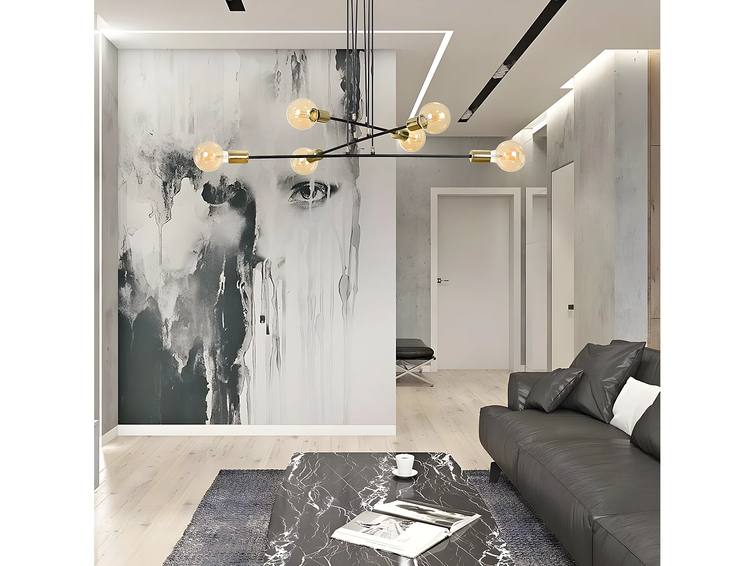 Lampada da soffitto Sives con barre in metallo nero e 6 portalampade dorati 6xE27 ø84cm