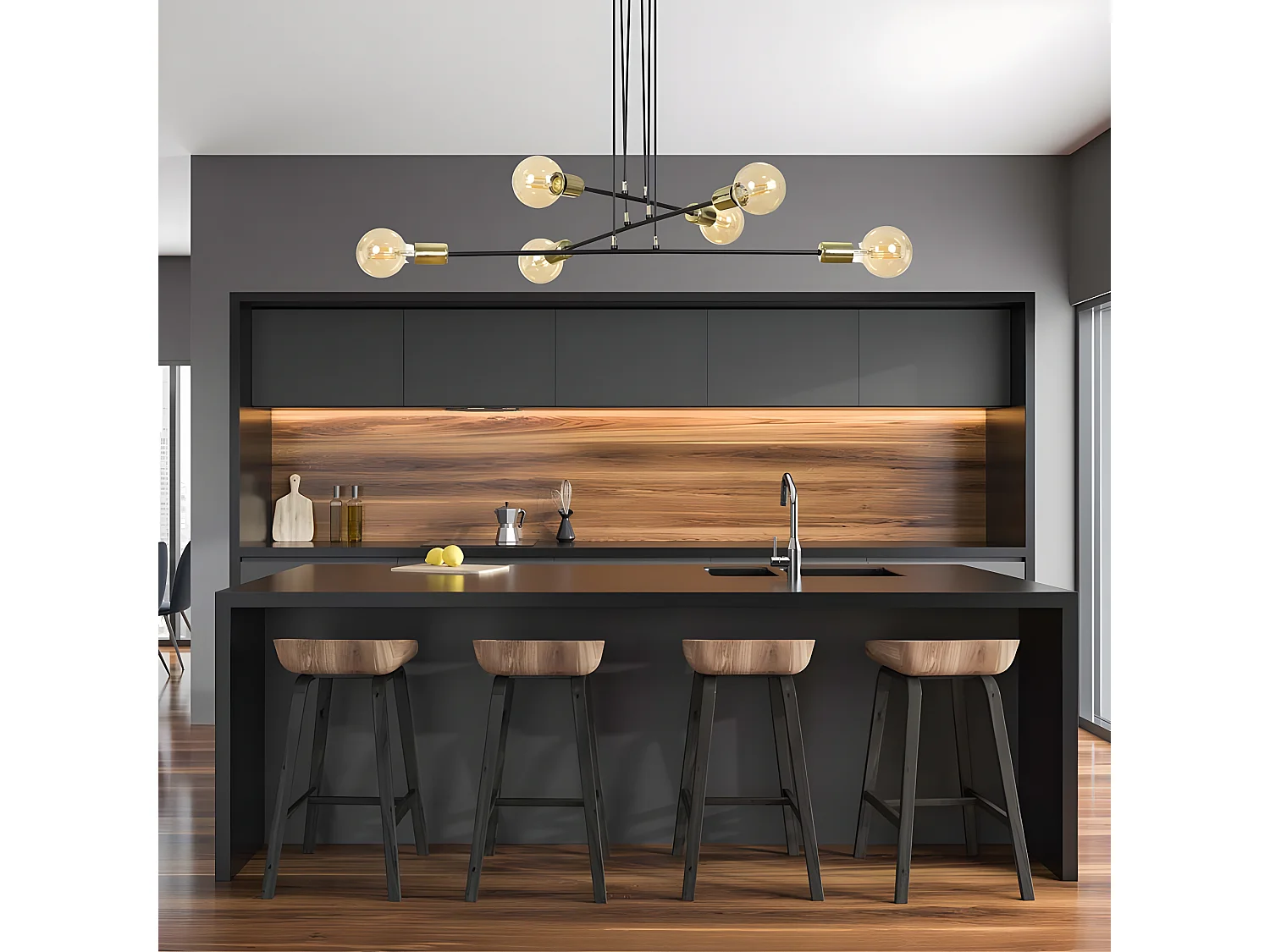 Lampada da soffitto Sives con barre in metallo nero e 6 portalampade dorati 6xE27 ø84cm