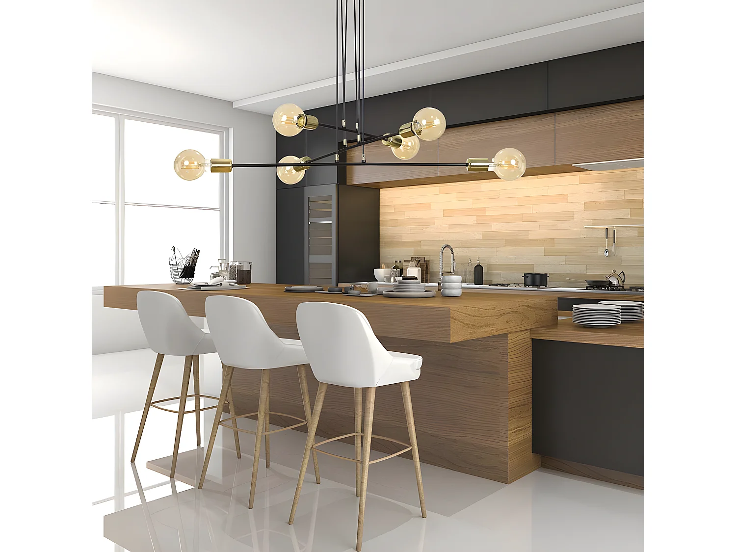 Lampada da soffitto Sives con barre in metallo nero e 6 portalampade dorati 6xE27 ø84cm