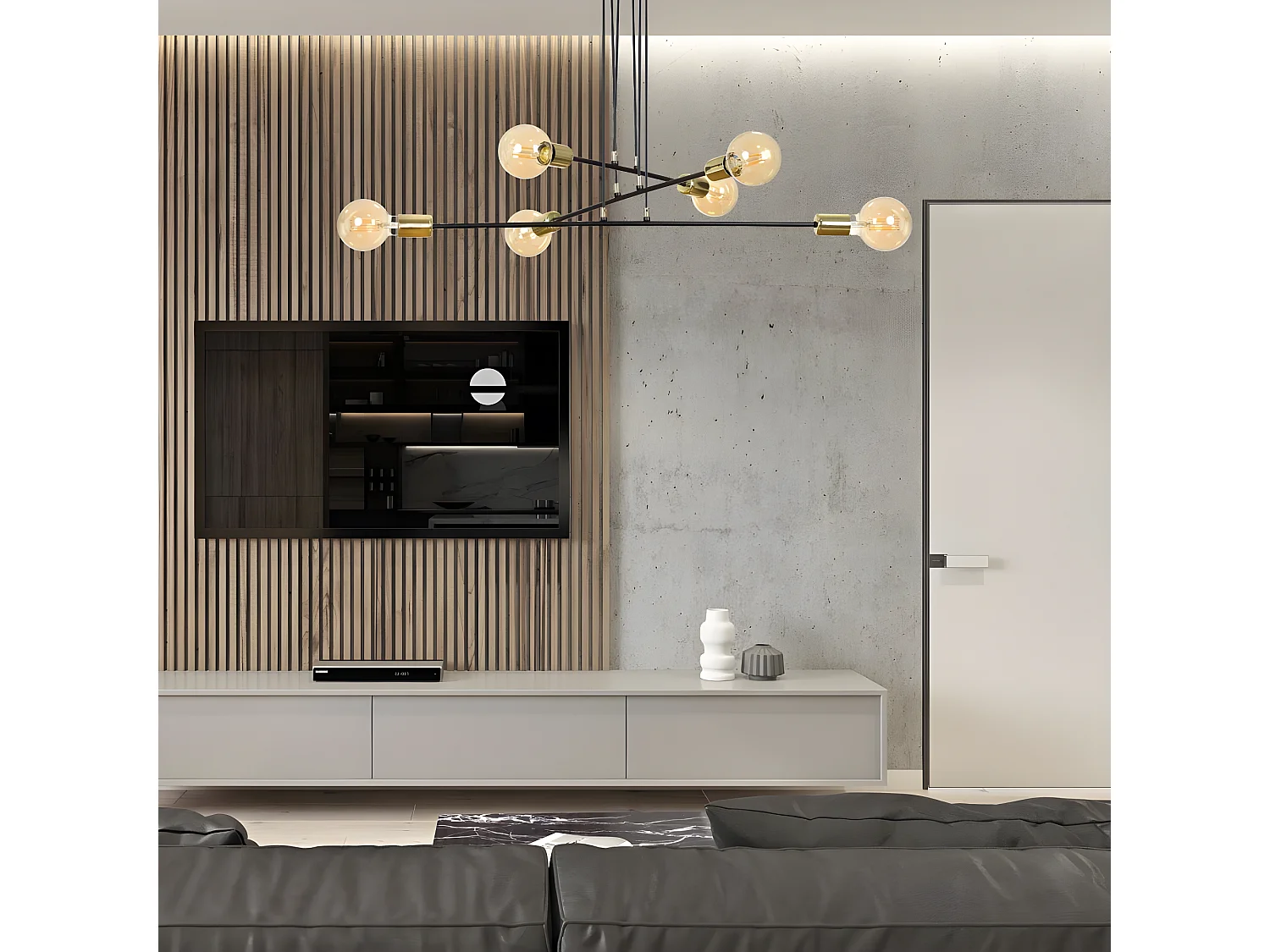 Lampada da soffitto Sives con barre in metallo nero e 6 portalampade dorati 6xE27 ø84cm