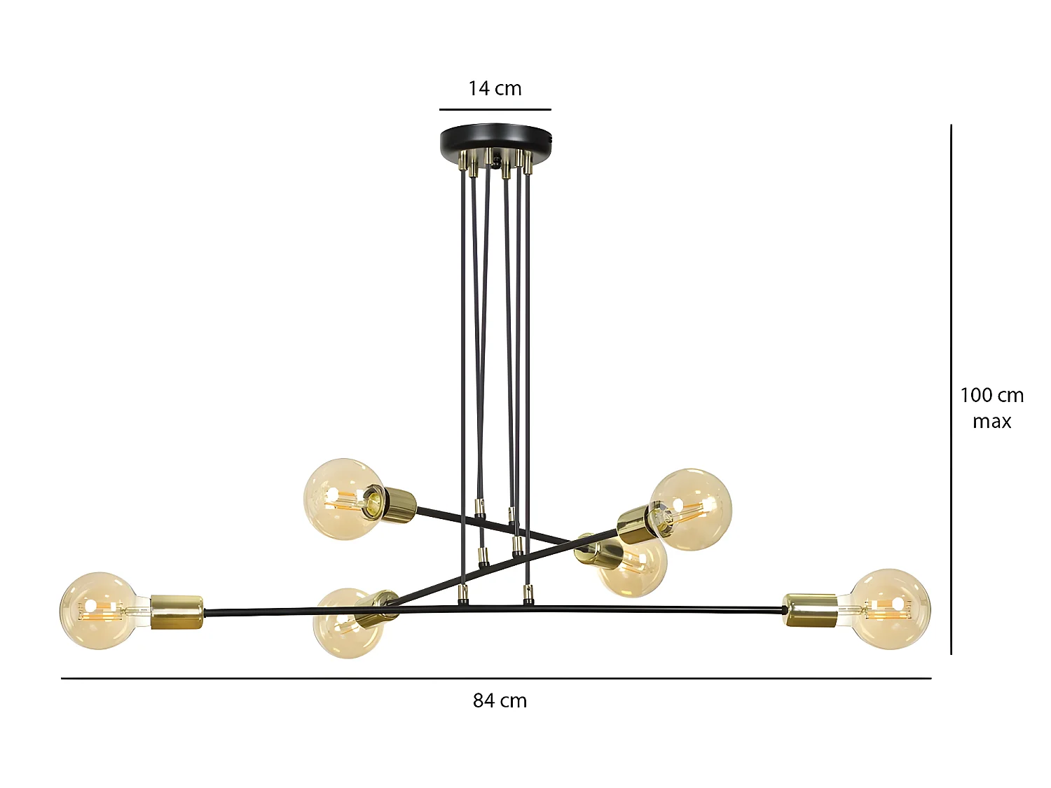 Lampada da soffitto Sives con barre in metallo nero e 6 portalampade dorati 6xE27 ø84cm