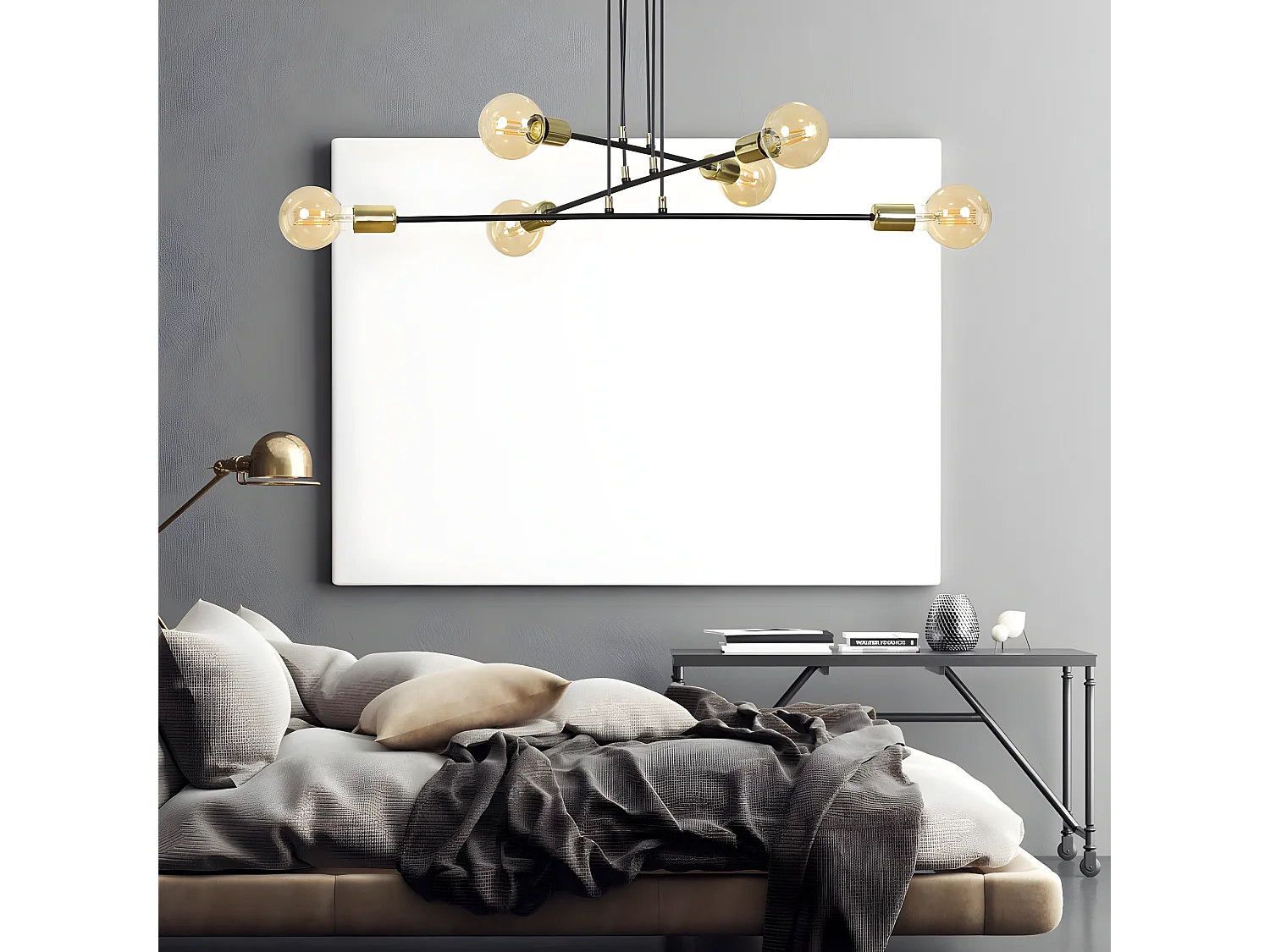 Lámpara de techo Sives con barras de metal negro y 6 portalámparas dorados 6xE27 ø84cm