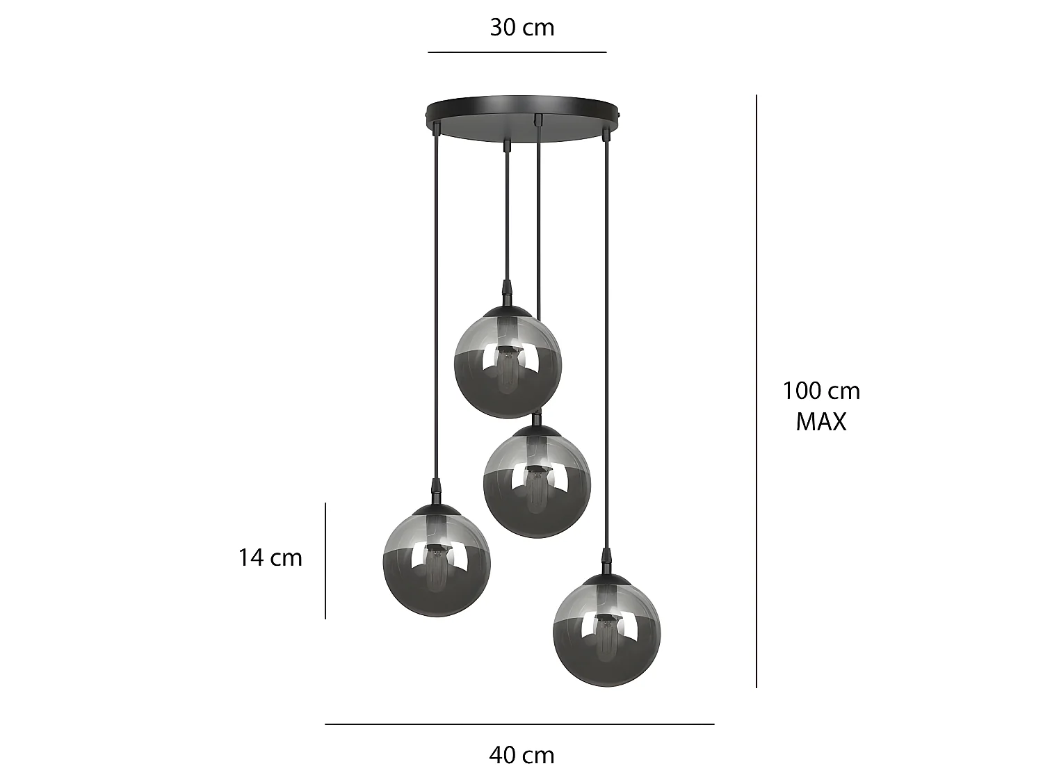 Lámpara colgante Sagan moderno negro con 4 esferas de cristal gris 4xE14 ø40cm