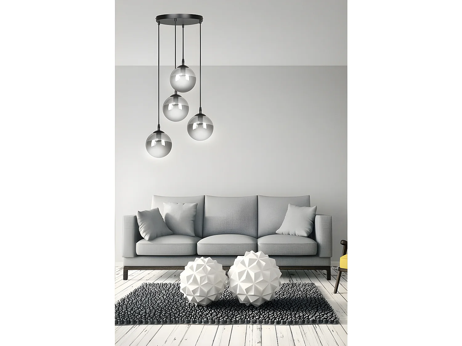 Suspension moderne noire Sagan avec 4 sphères en verre gris 4xE14 ø40cm