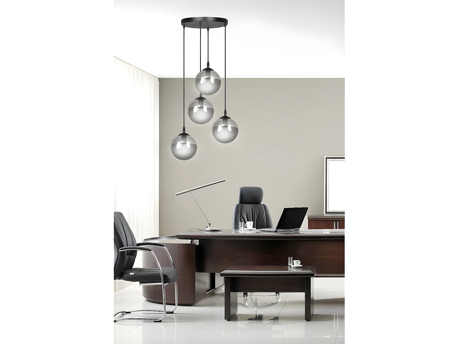 Suspension moderne noire Sagan avec 4 sphères en verre gris 4xE14 ø40cm
