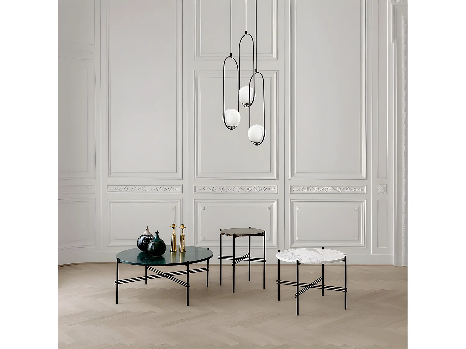 Plafoniera moderna Garet con anelli ovali e 3 sfere in vetro 3xE27 ø44cm