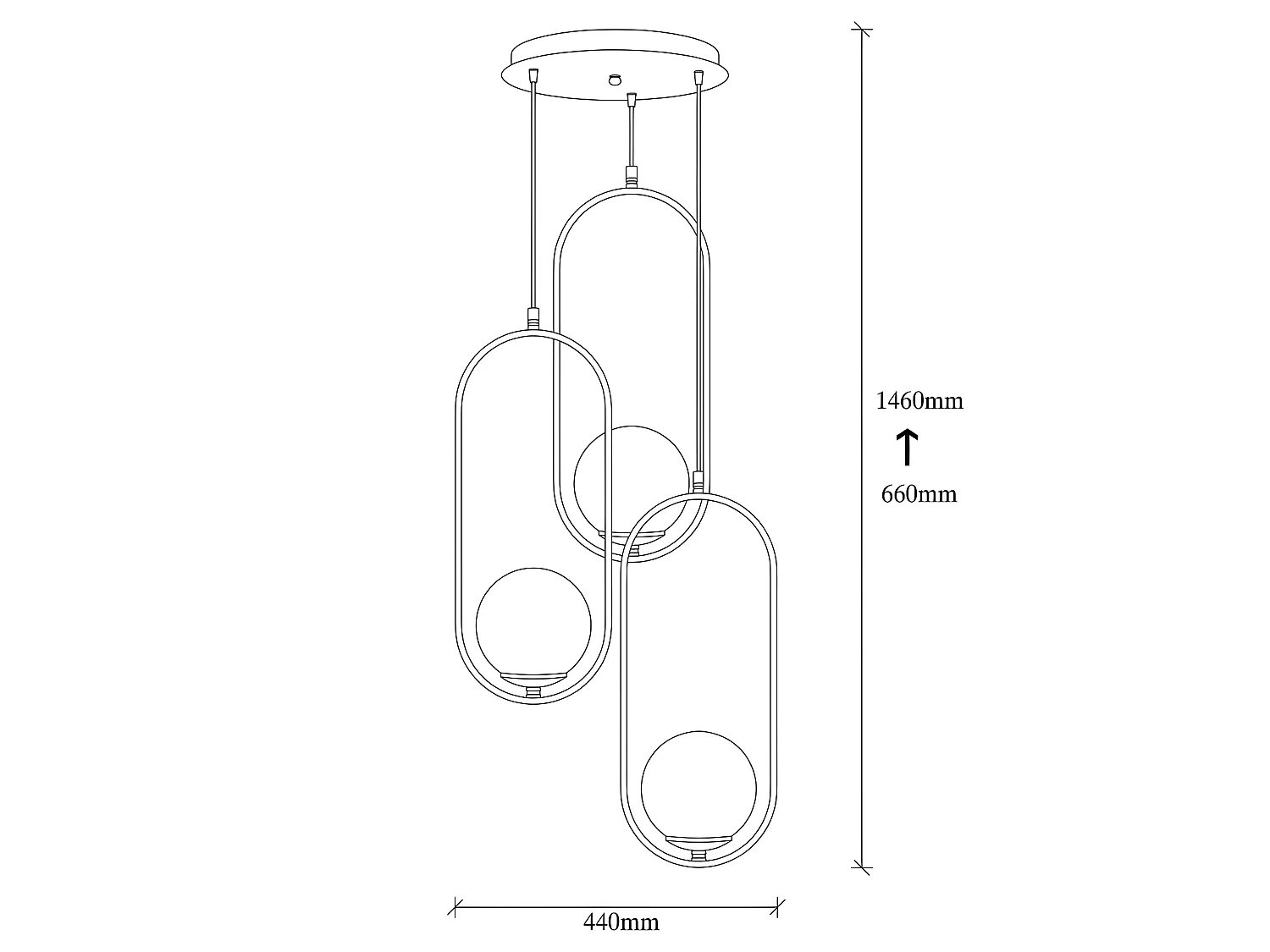 Plafonnier Garet moderne avec anneaux ovales et 3 sphères en verre 3xE27 ø44cm