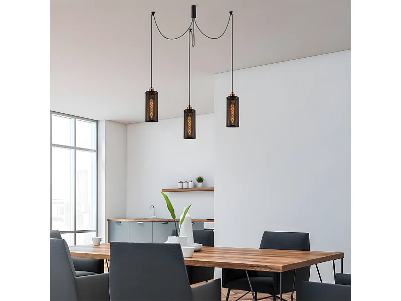 Suspension Marismo avec câbles mobiles et 3 abat-jour en métal noir 3xE27 ø100cm