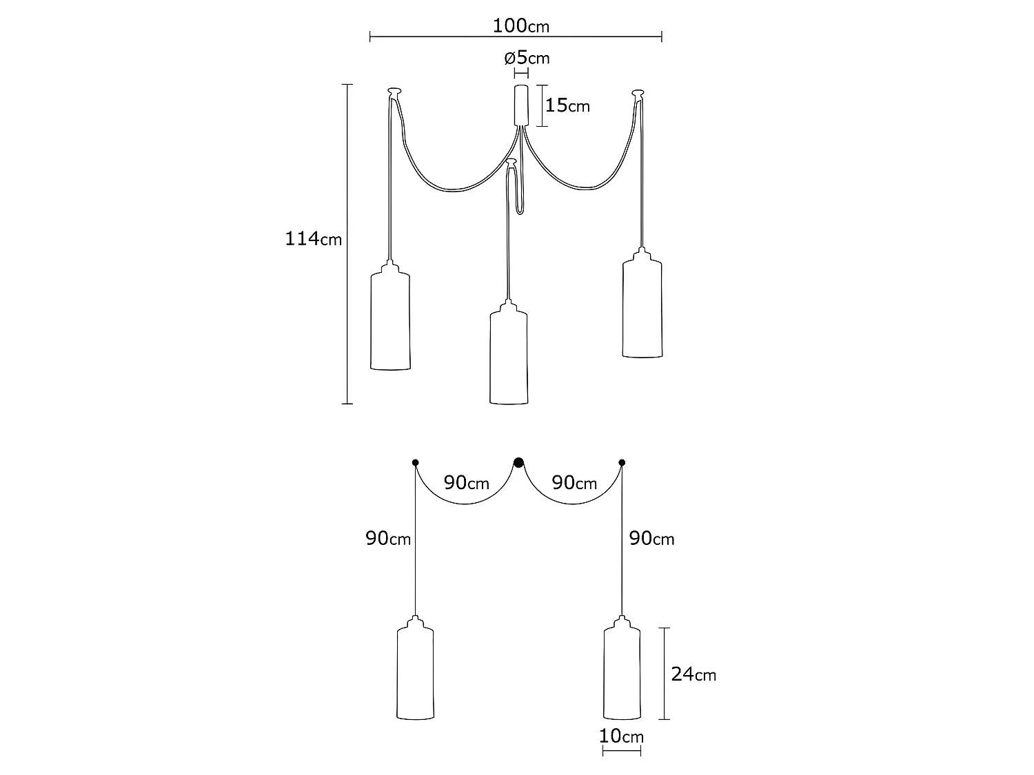 Hanglamp Marismo met beweegbare kabels en 3 zwart metalen kappen 3xE27 ø100cm