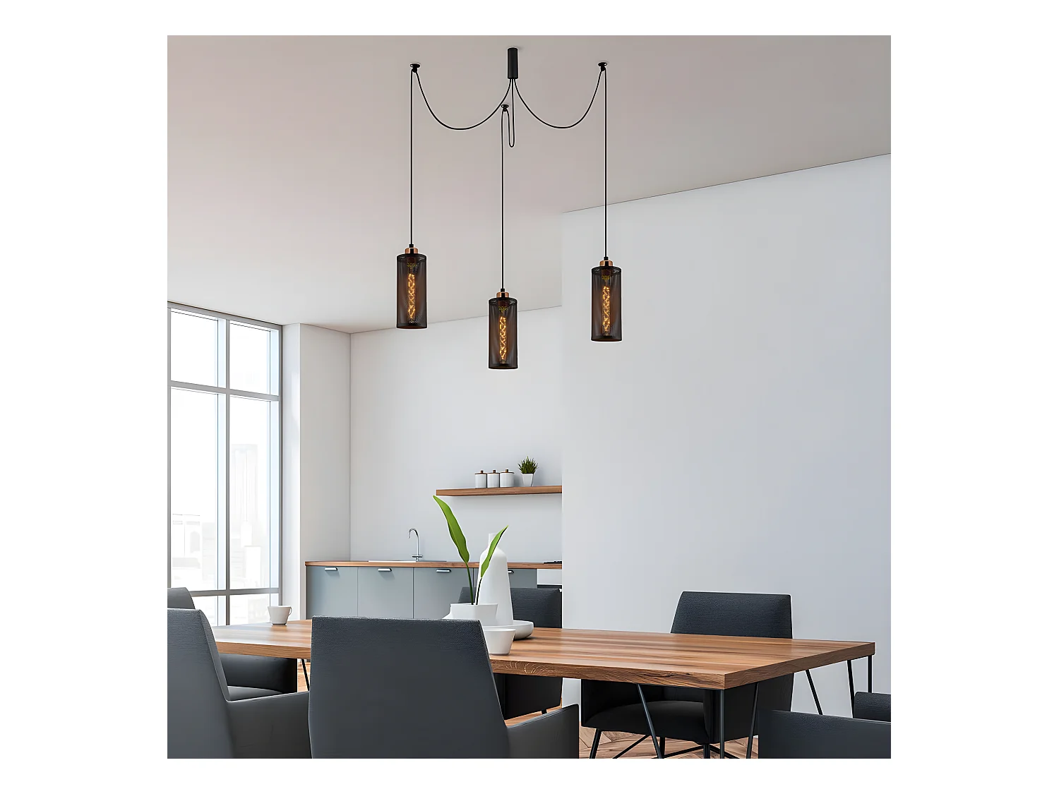 Suspension Marismo avec câbles mobiles et 3 abat-jour en métal noir 3xE27 ø100cm