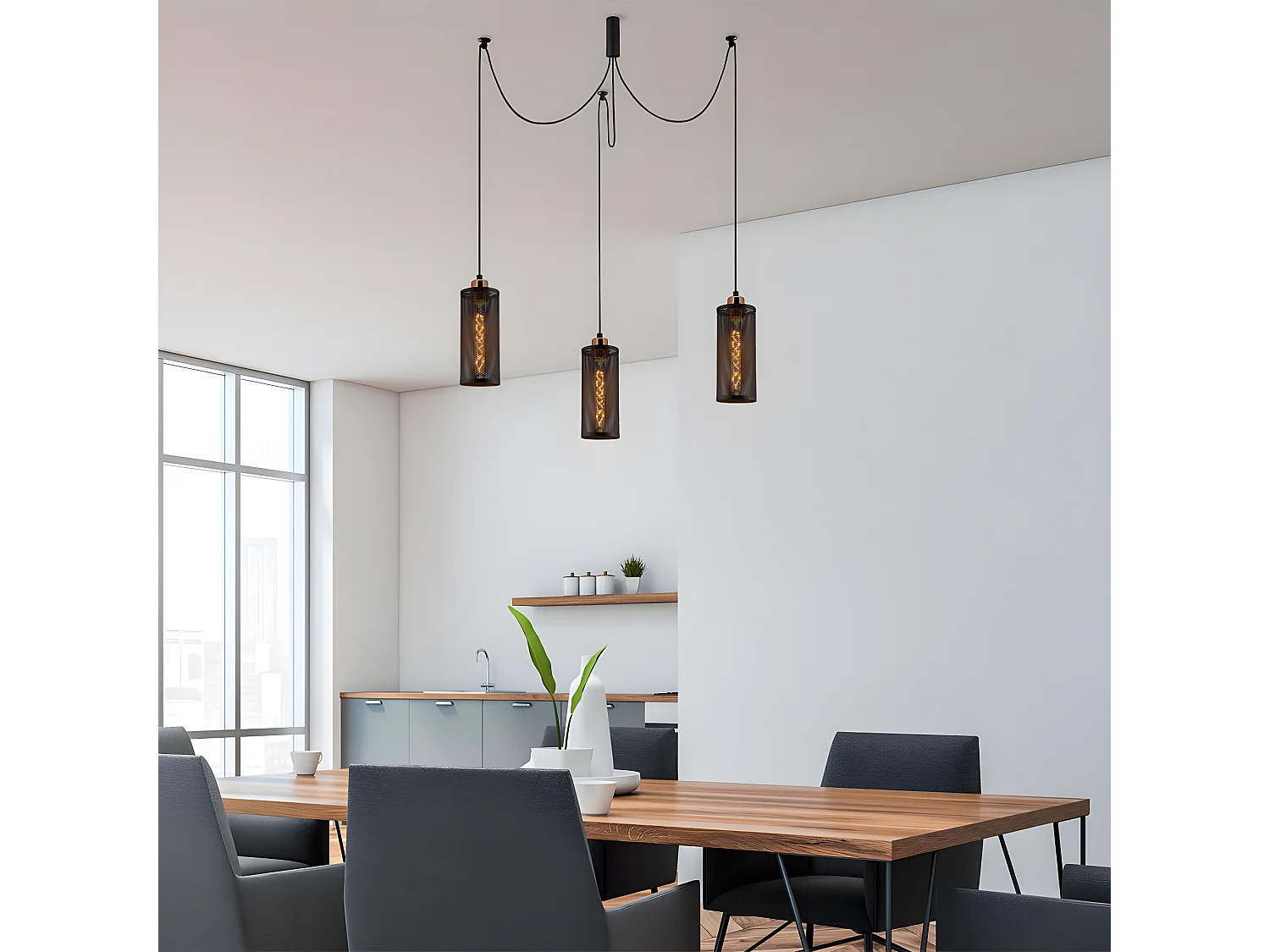 Hanglamp Marismo met beweegbare kabels en 3 zwart metalen kappen 3xE27 ø100cm