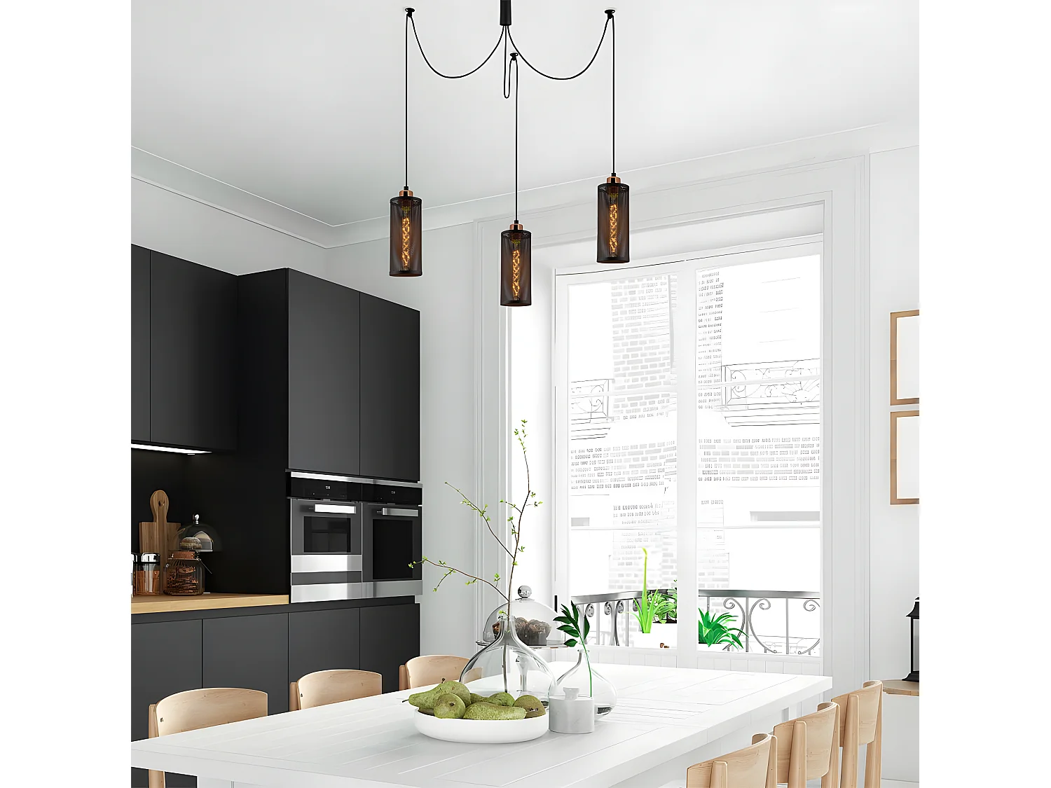 Hanglamp Marismo met beweegbare kabels en 3 zwart metalen kappen 3xE27 ø100cm