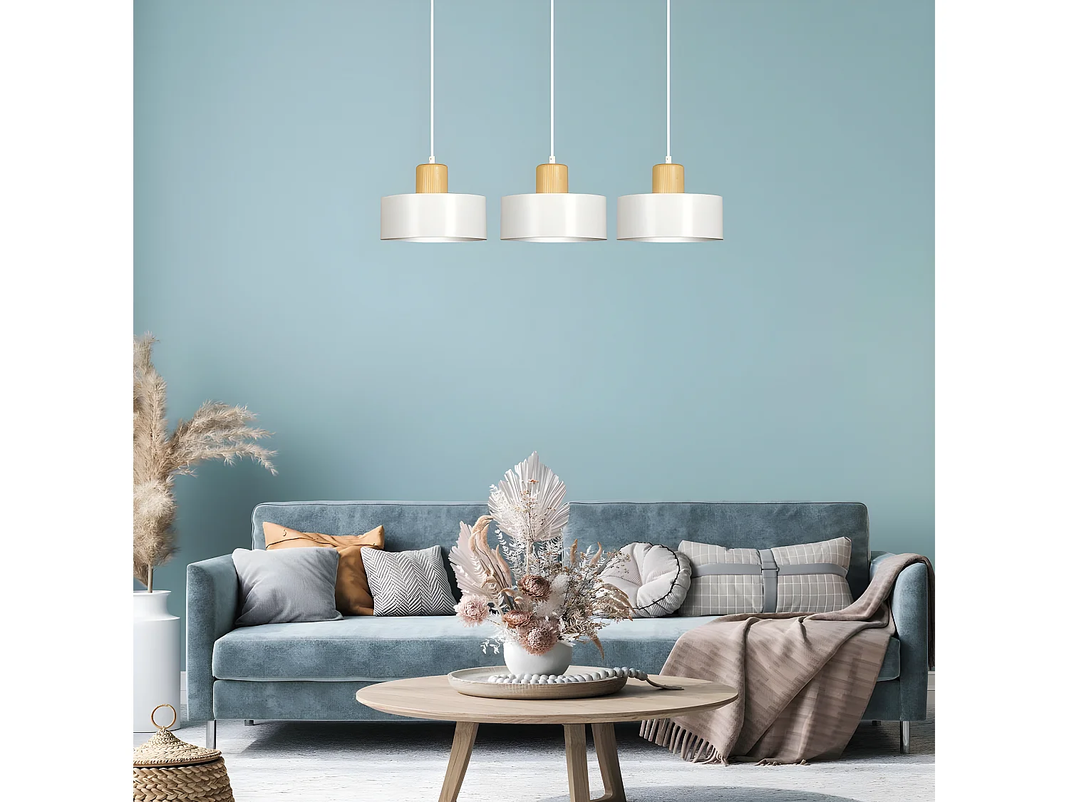 Deckenleiste Torino aus Stahl und Holz mit 3 weißen zylindrischen Lampenschirmen 3xE27