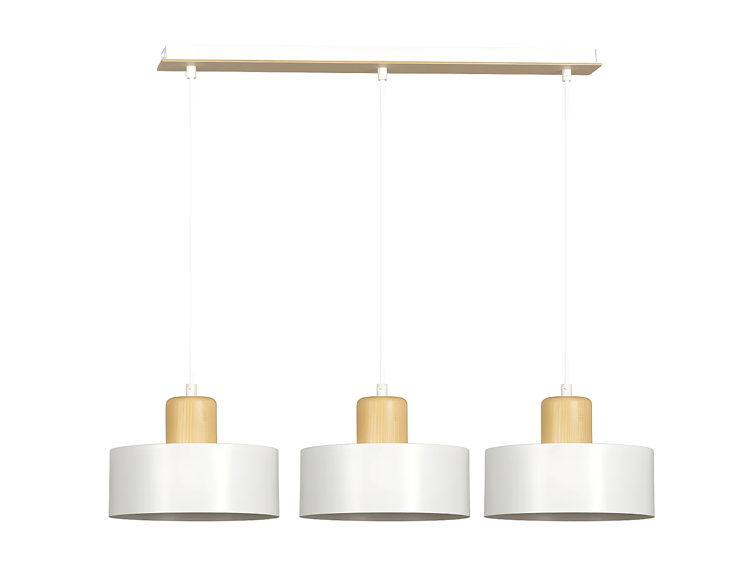 Suspension linéaire Torino en acier et bois avec 3 abat-jour cylindriques blancs 3xE27