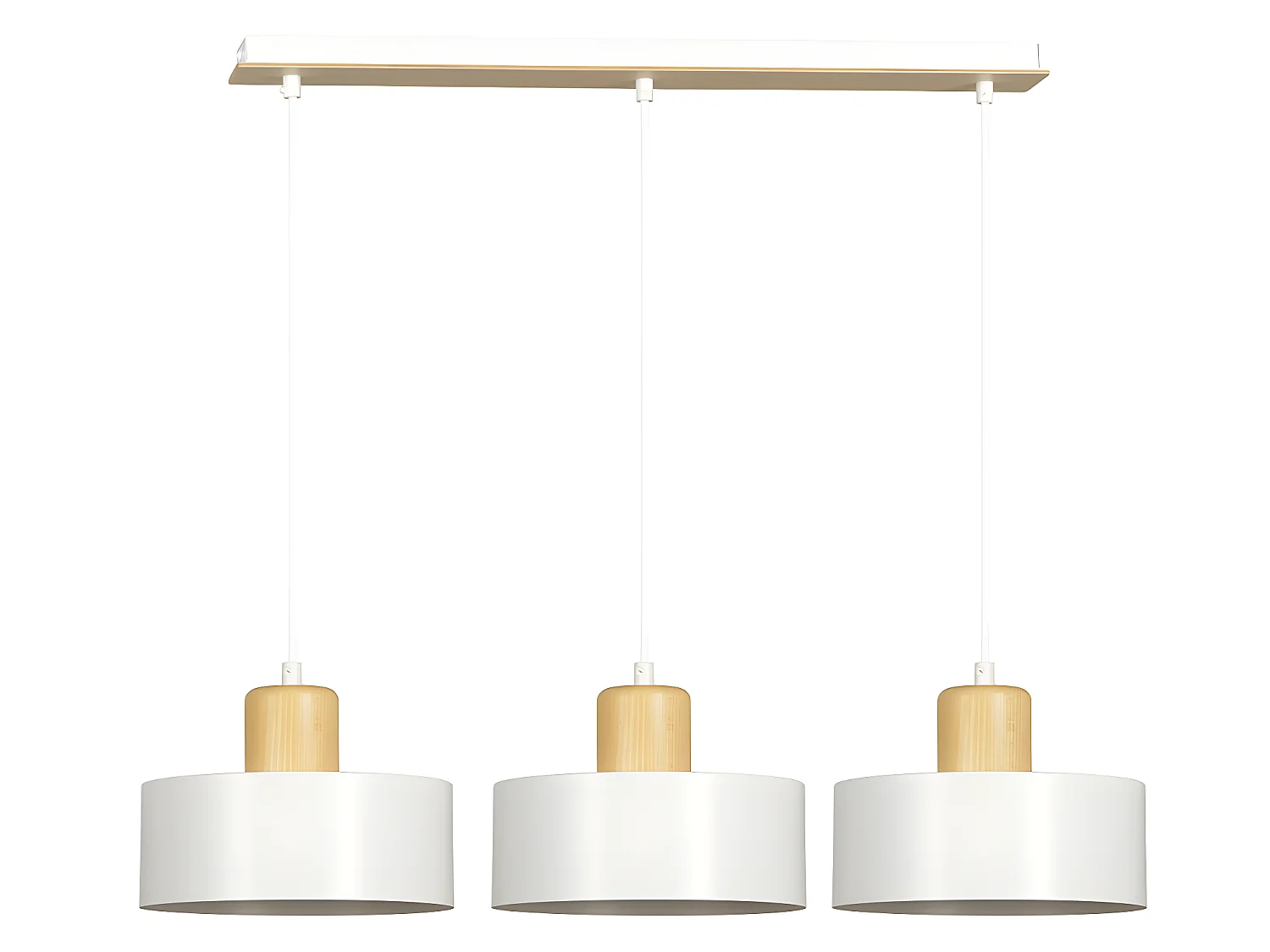 Suspension linéaire Torino en acier et bois avec 3 abat-jour cylindriques blancs 3xE27