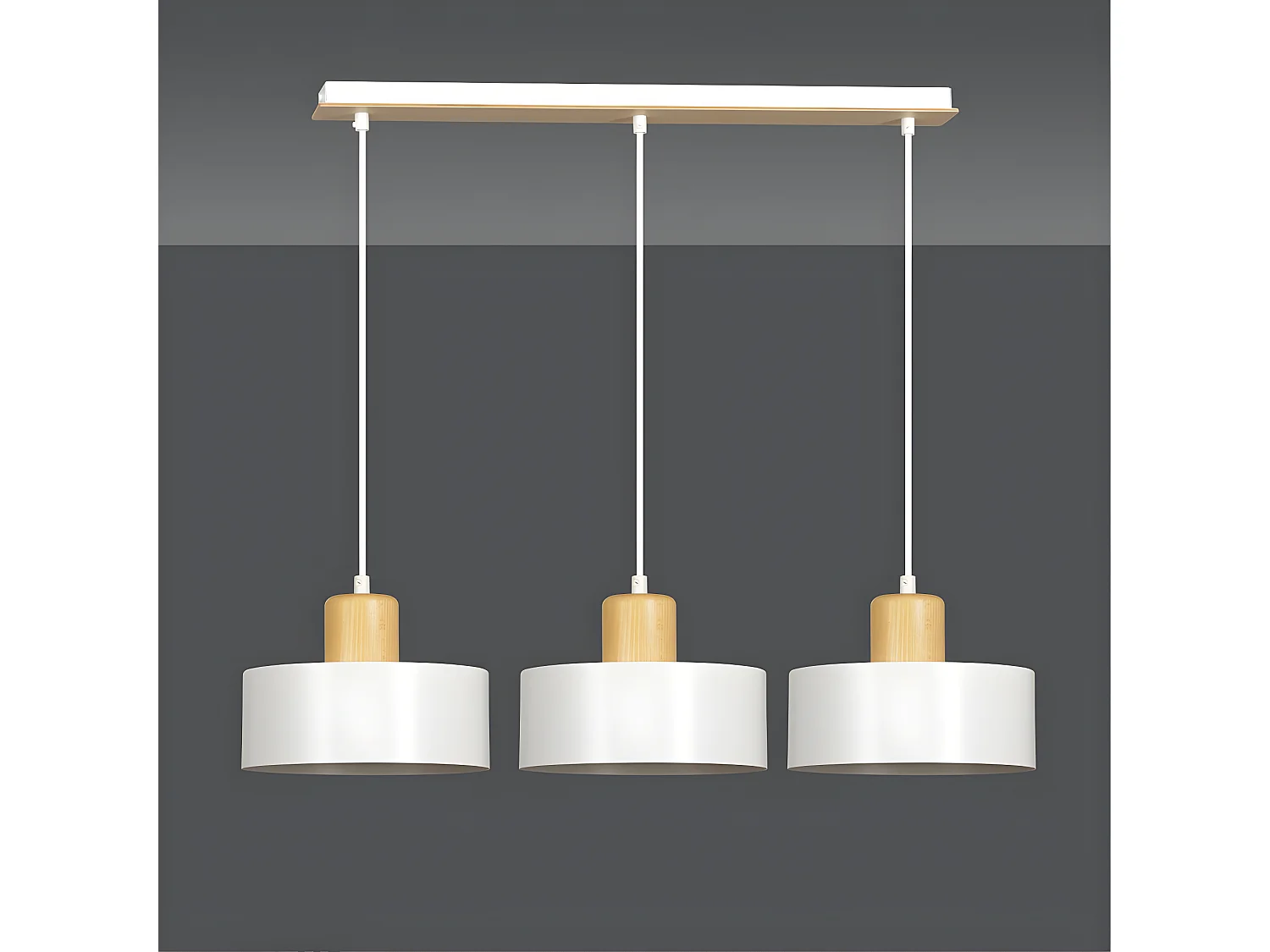 Suspension linéaire Torino en acier et bois avec 3 abat-jour cylindriques blancs 3xE27