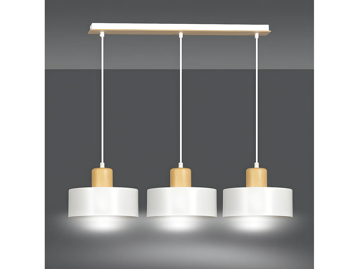 Suspension linéaire Torino en acier et bois avec 3 abat-jour cylindriques blancs 3xE27