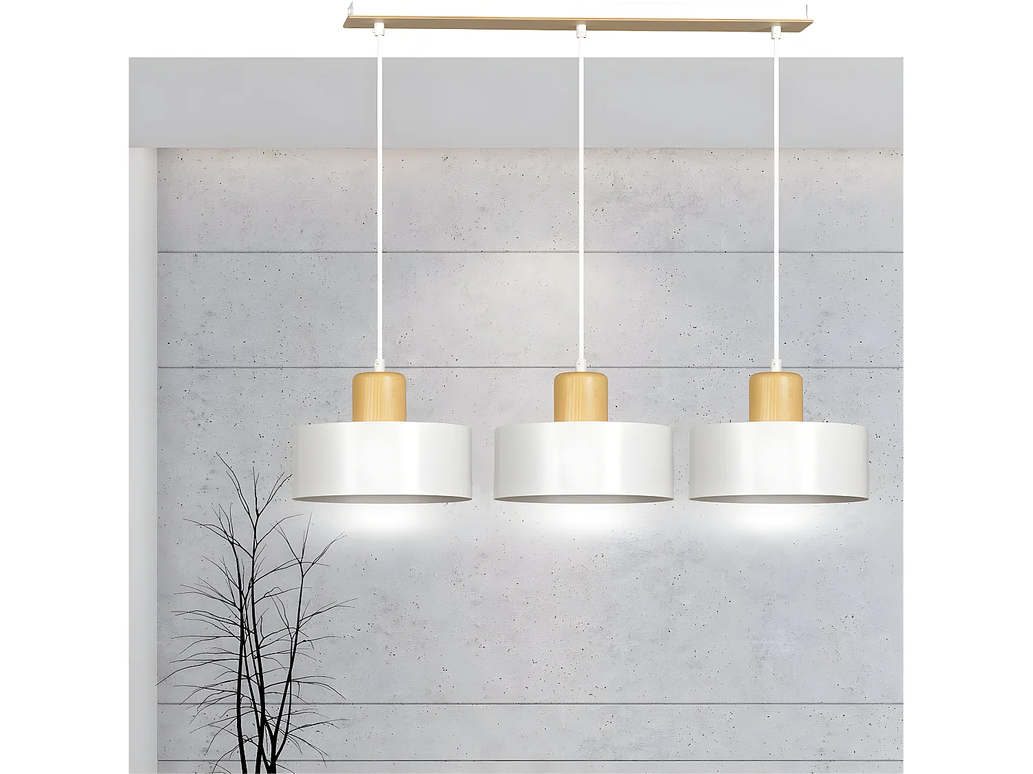 Suspension linéaire Torino en acier et bois avec 3 abat-jour cylindriques blancs 3xE27