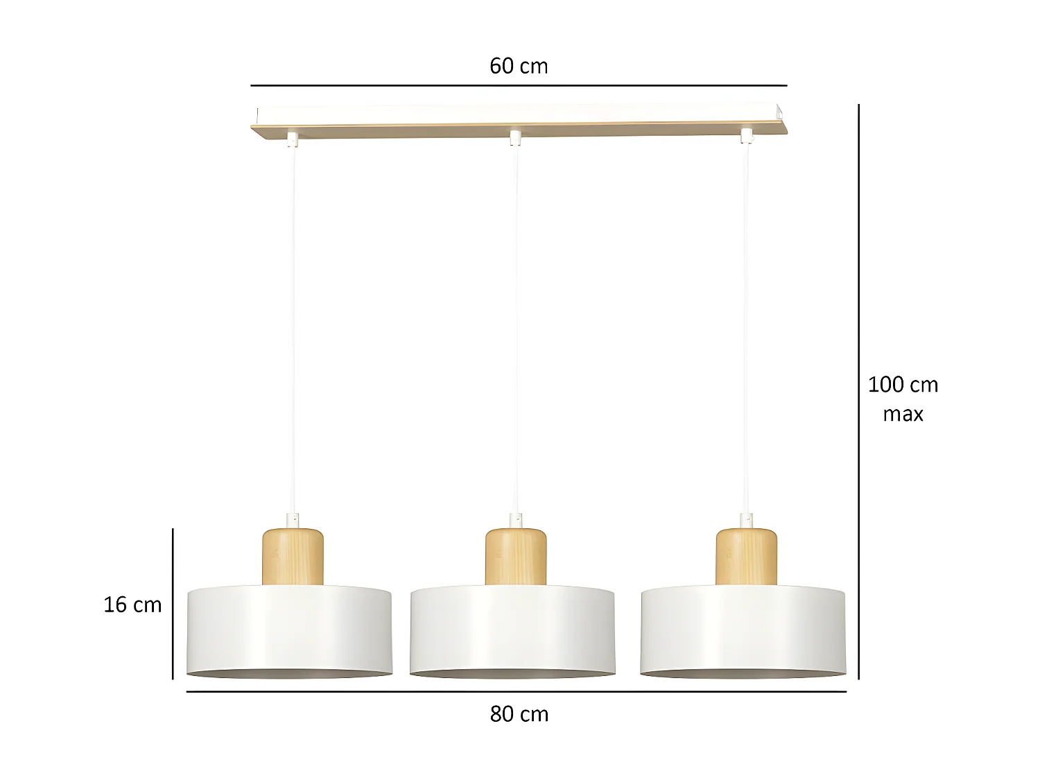 Suspension linéaire Torino en acier et bois avec 3 abat-jour cylindriques blancs 3xE27