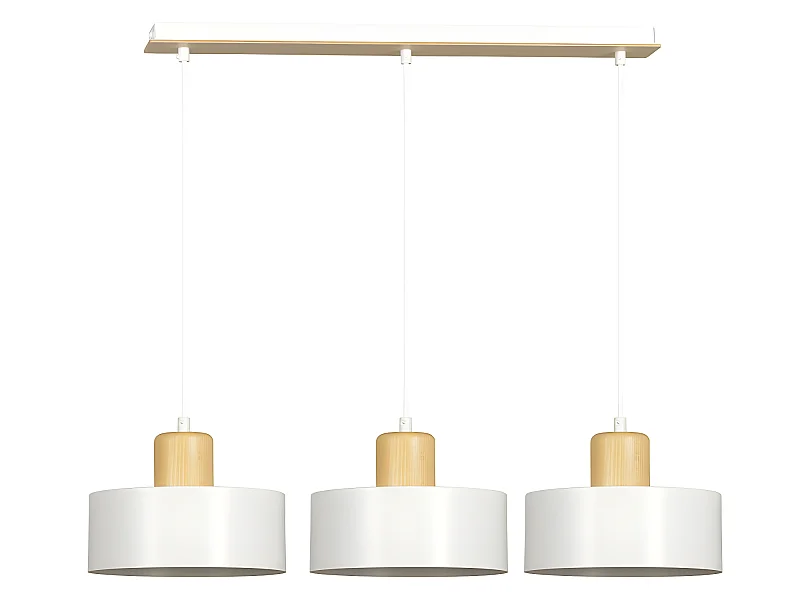 Suspension linéaire Torino en acier et bois avec 3 abat-jour cylindriques blancs 3xE27
