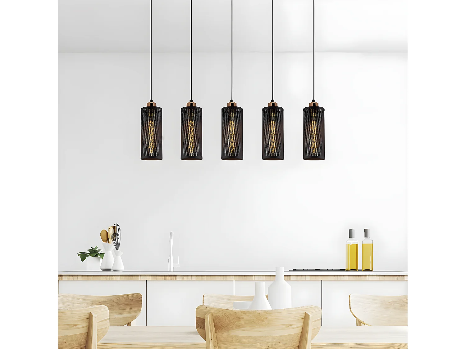 Moderne Pendelleuchte Marismo mit 5 schwarzen Gitterschirmen 5xE27