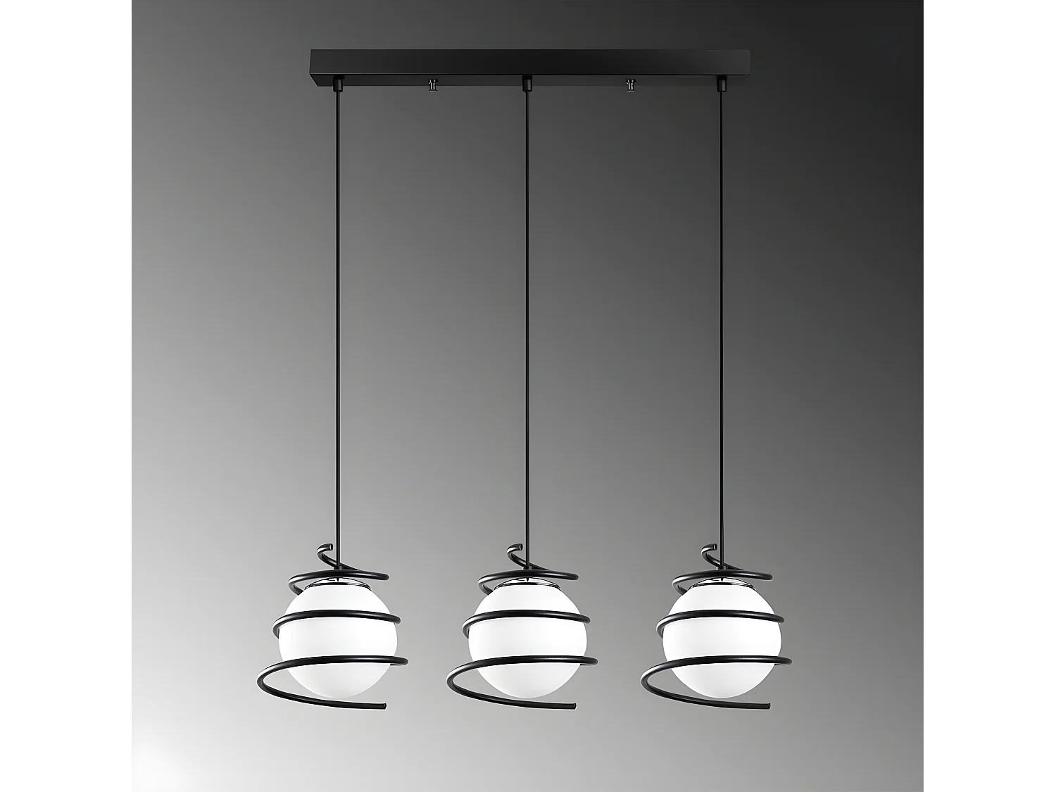 Lampada da soffitto moderna Galene con 3 spirali in metallo nero e sfere in vetro 3xE27