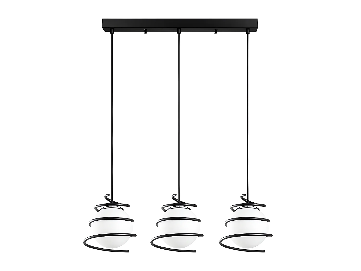Plafonnier moderne Galène avec 3 spirales en métal noir et 3 sphères en verre E27