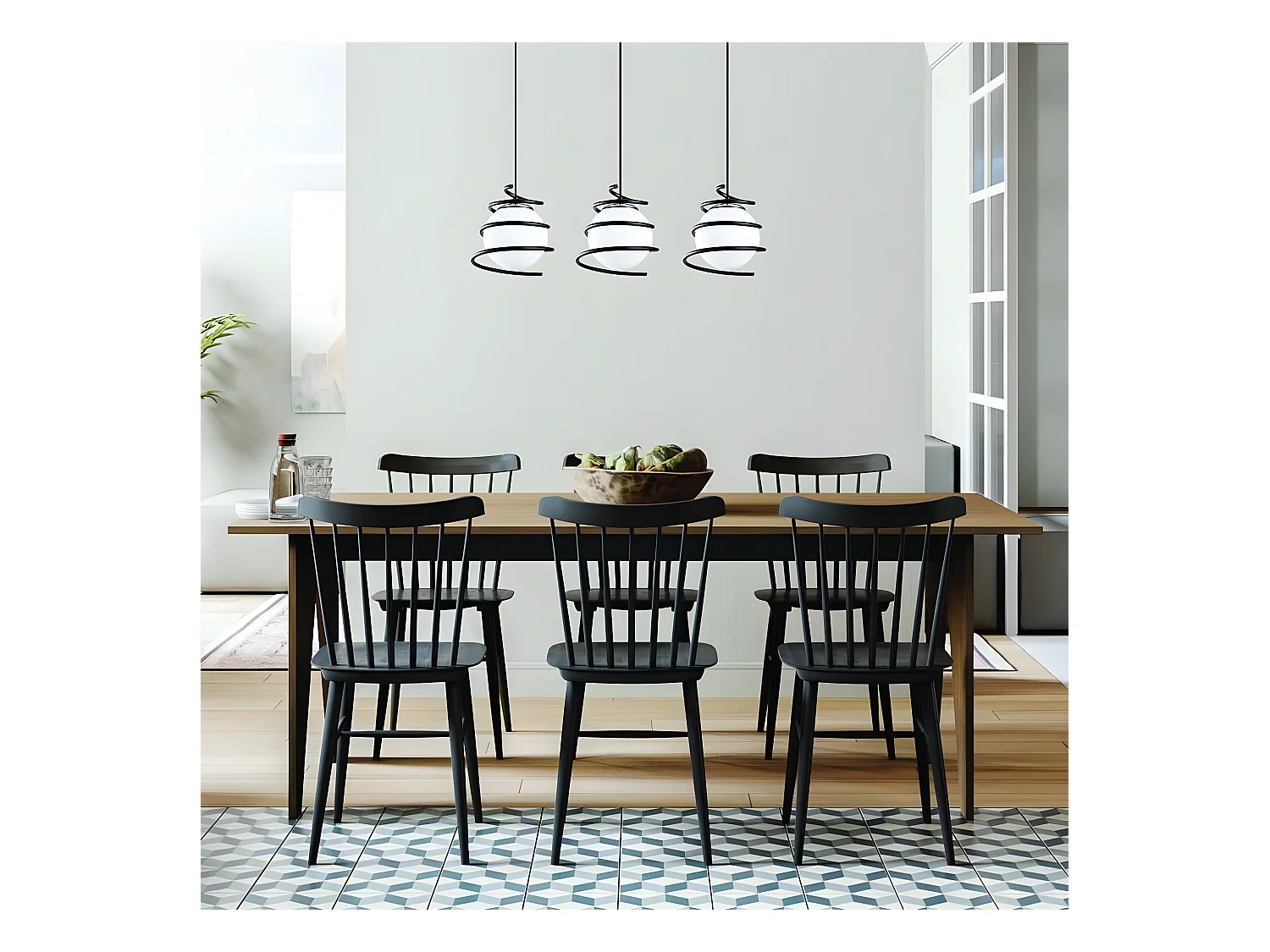 Plafondlamp Galene met 3 zwart metalen spiralen en 3xE27 glazen bollen