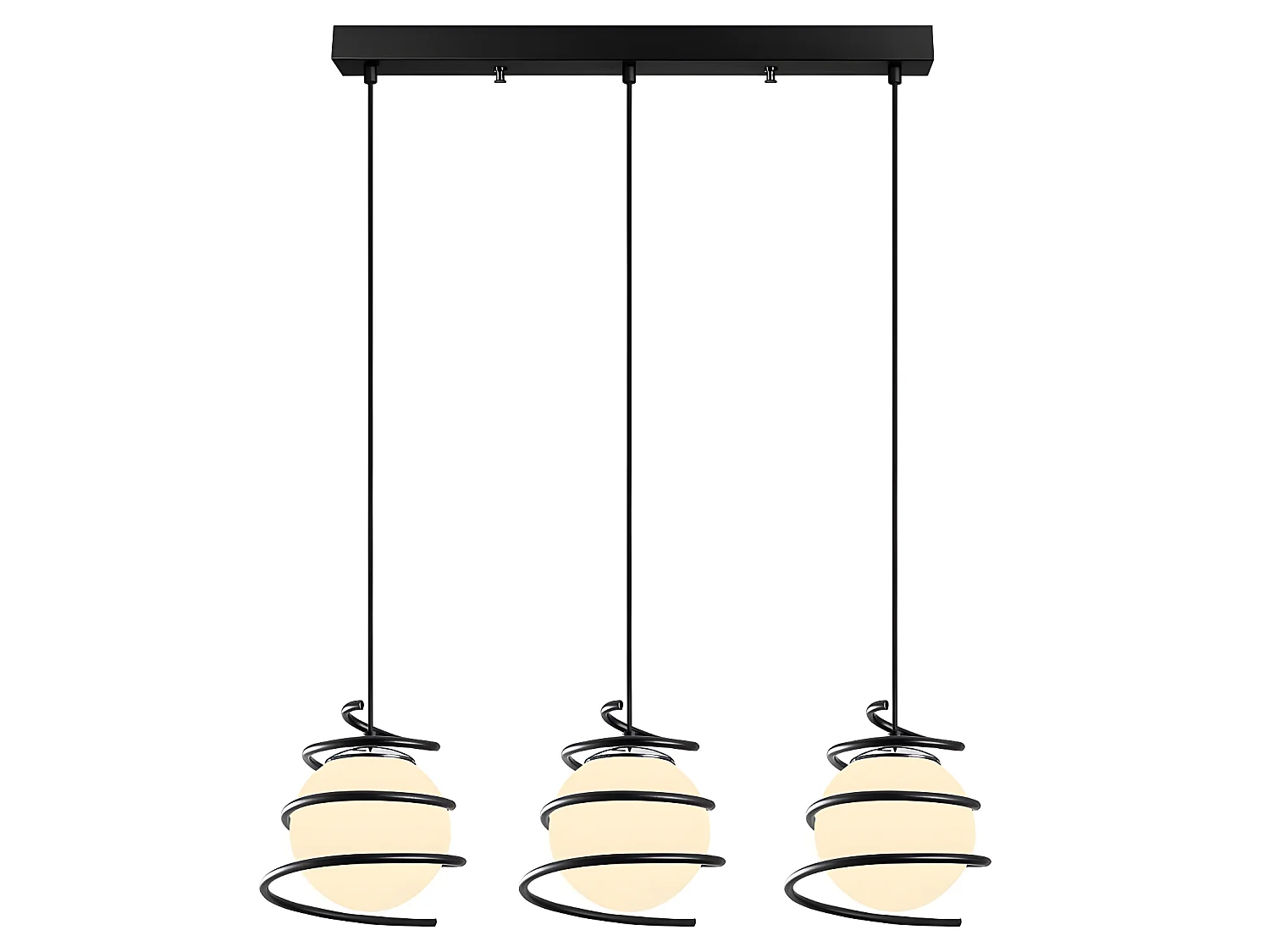 Plafondlamp Galene met 3 zwart metalen spiralen en 3xE27 glazen bollen