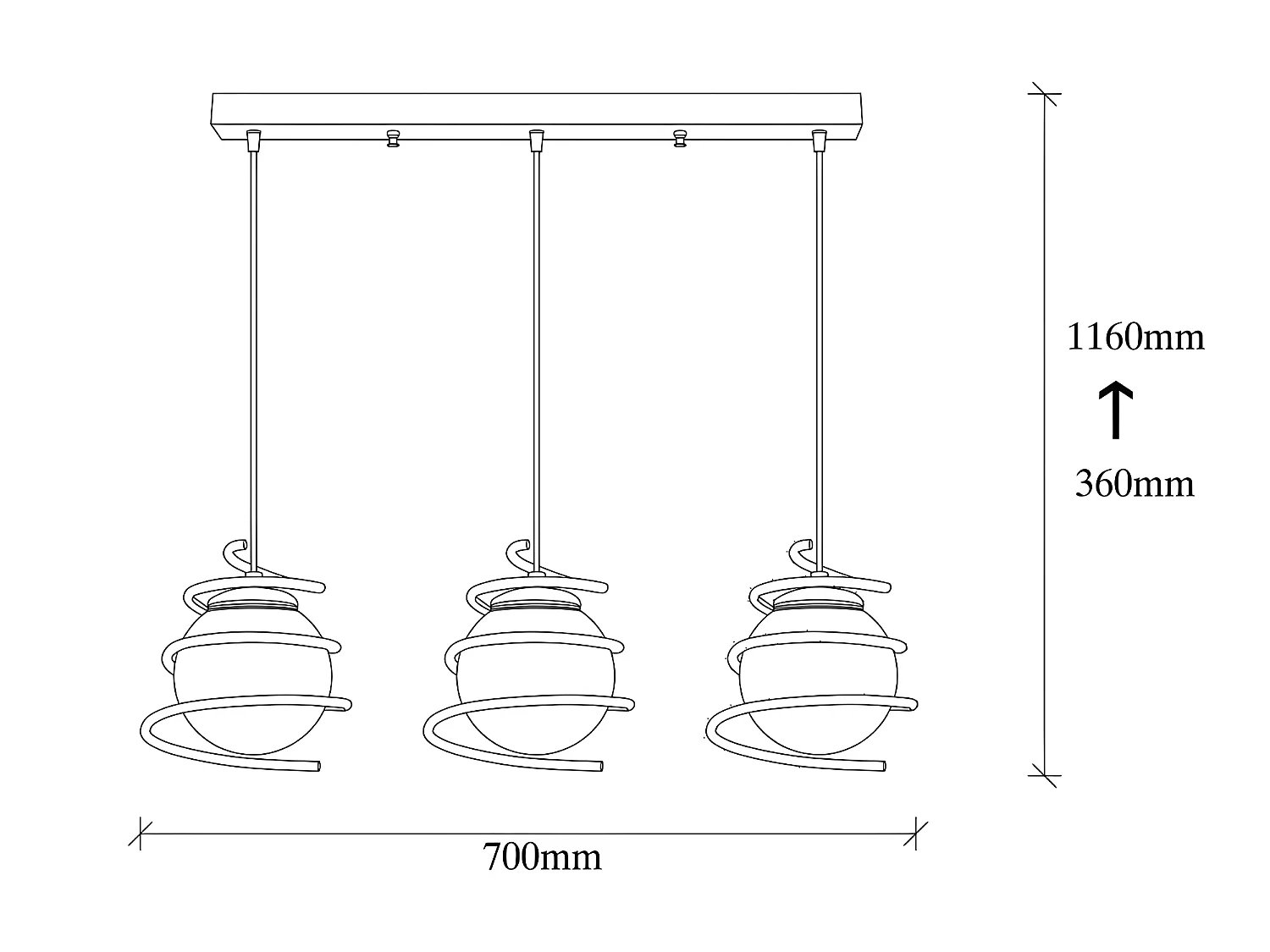 Plafondlamp Galene met 3 zwart metalen spiralen en 3xE27 glazen bollen