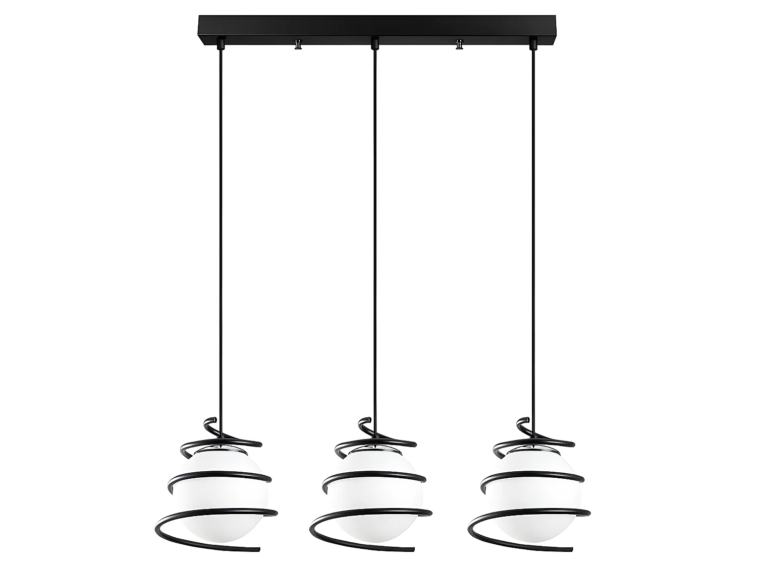 Plafonnier moderne Galène avec 3 spirales en métal noir et 3 sphères en verre E27