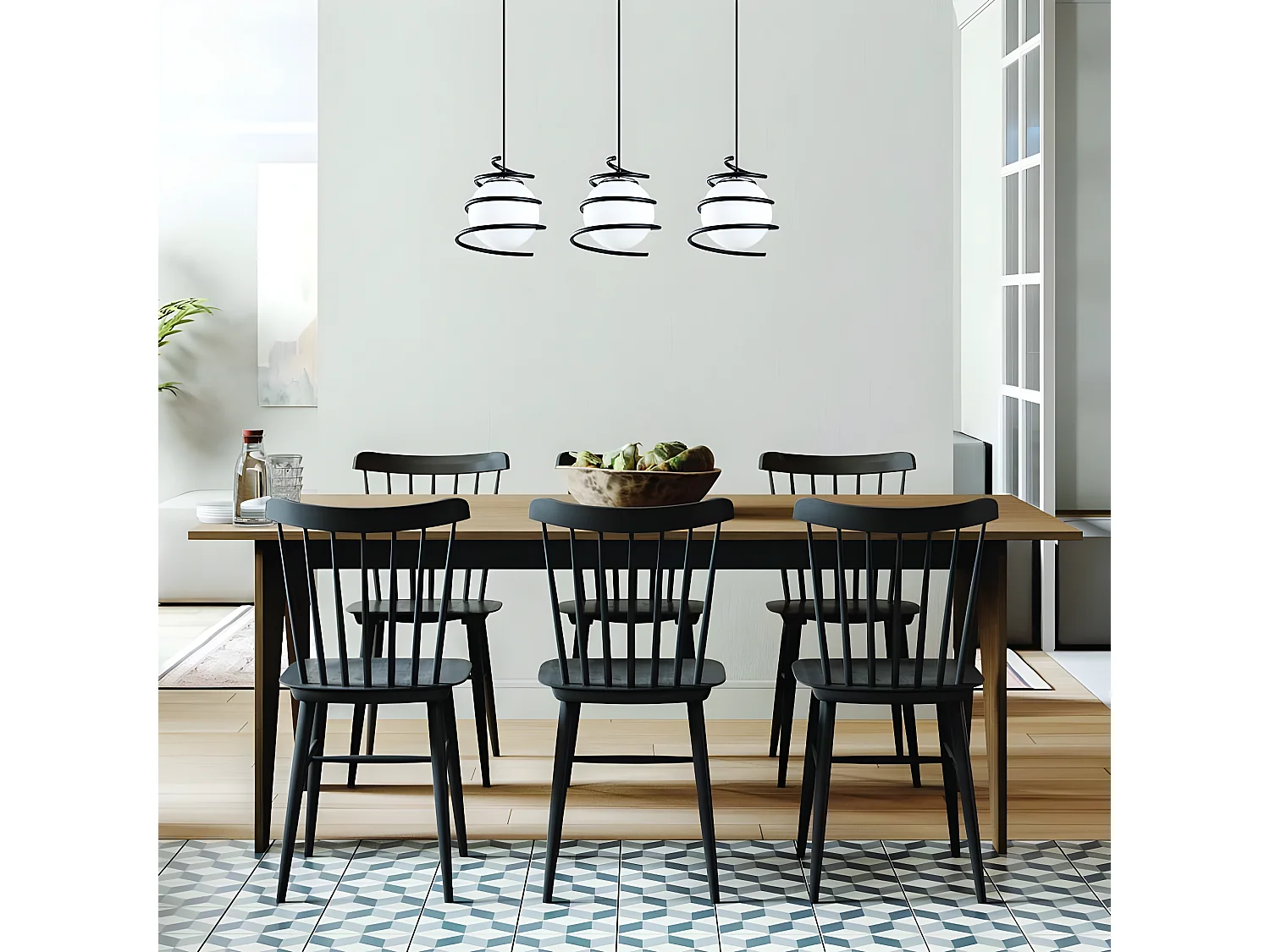 Plafonnier moderne Galène avec 3 spirales en métal noir et 3 sphères en verre E27