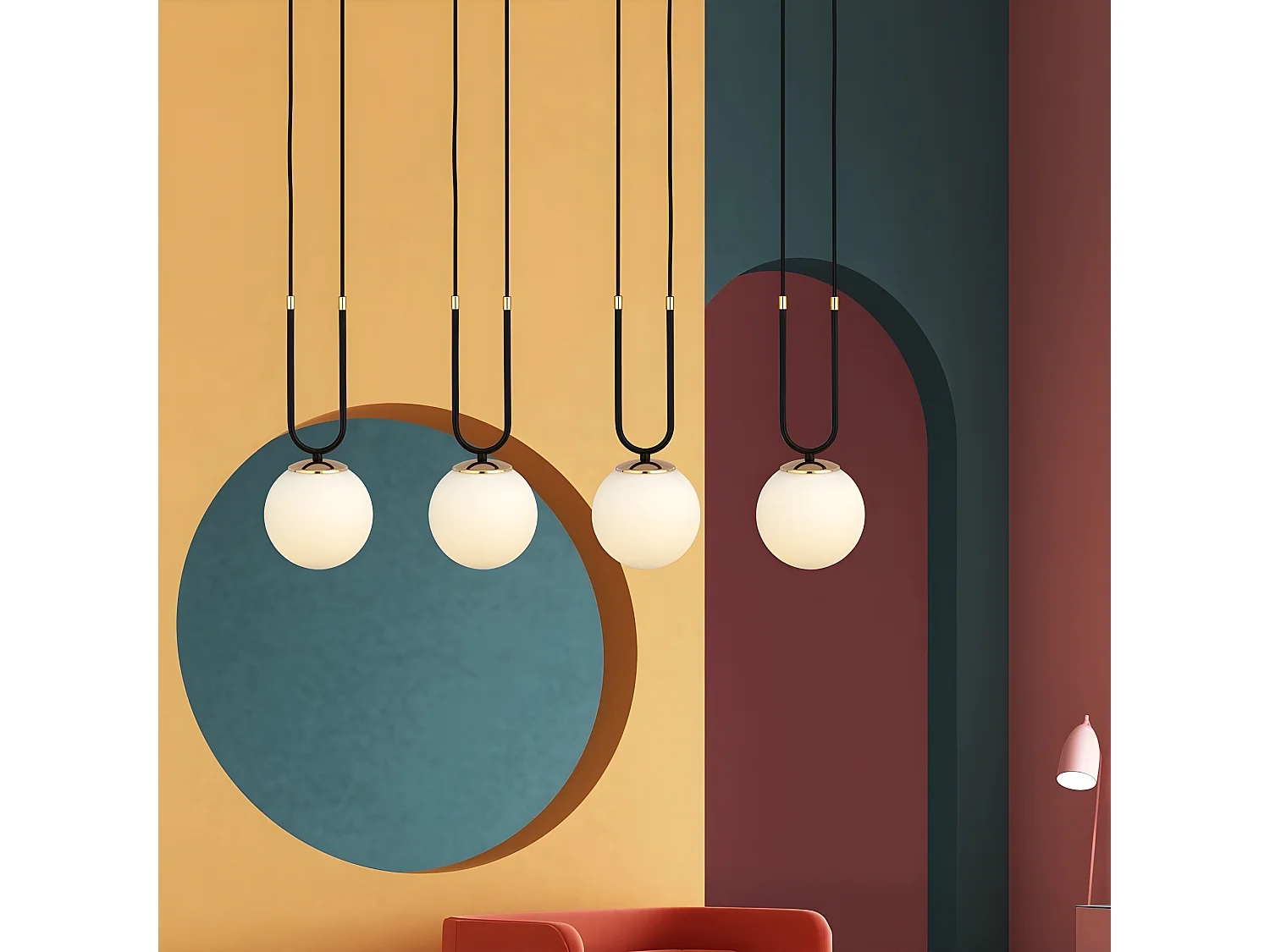 Megan zwarte hanglamp met gouden details en 4 glazen bollen 4xE14