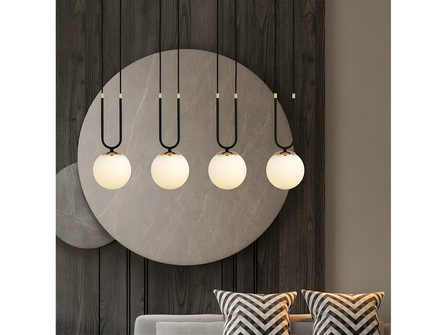 Megan zwarte hanglamp met gouden details en 4 glazen bollen 4xE14