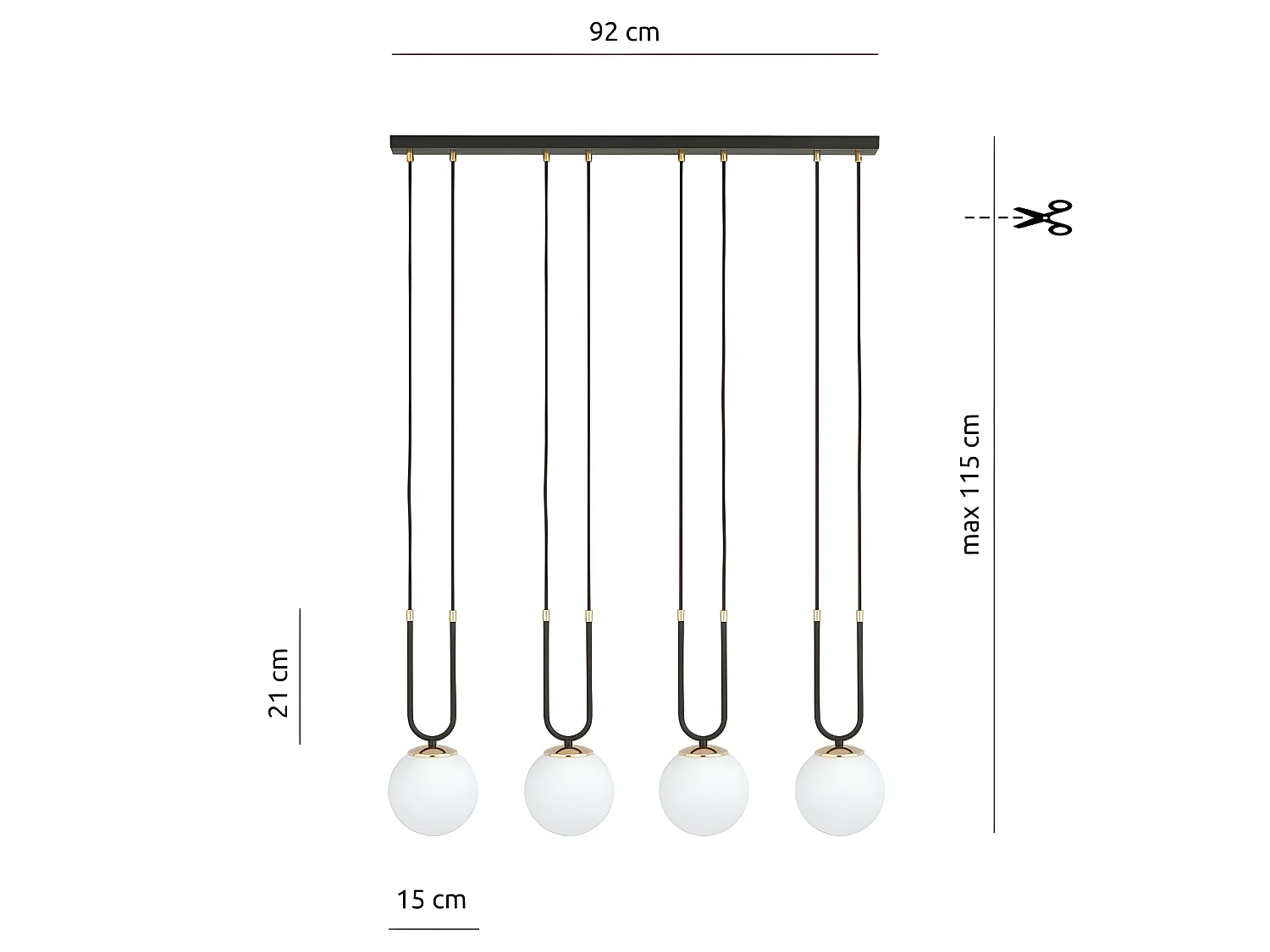 Megan zwarte hanglamp met gouden details en 4 glazen bollen 4xE14