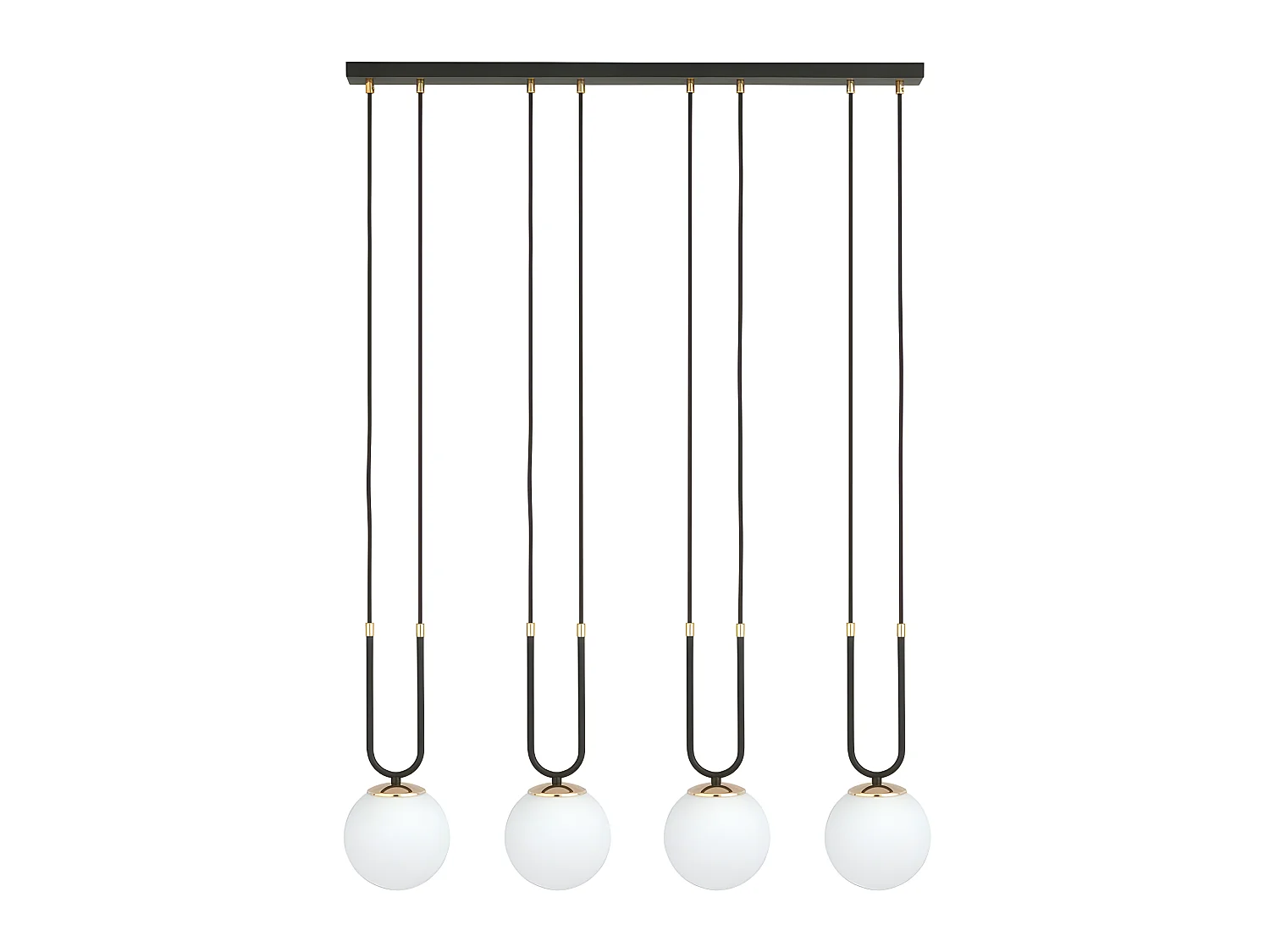 Suspension Megan noire avec détails dorés et 4 sphères en verre 4xE14