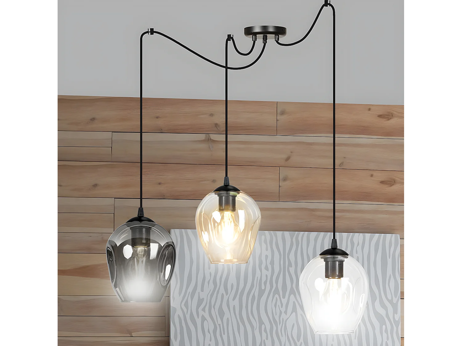 Suspension Maranto avec 3 câbles mobiles et 3 abat-jour colorés 3xE27