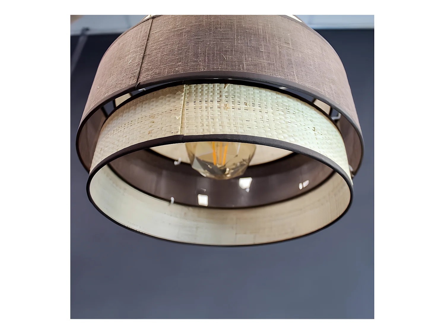 Suspension Sira faite main avec abat-jour en lin marron et rotin naturel 1xE27 ø40cm