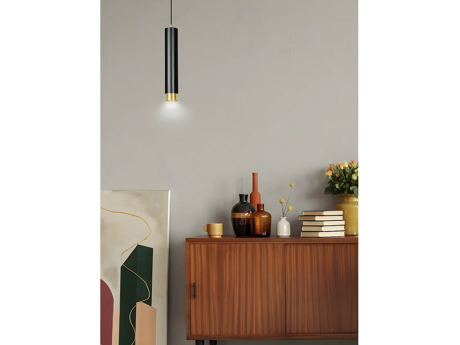 Hanglamp Mura met zwart en goud cilindrische lampenkap 1xGU10 ø8cm