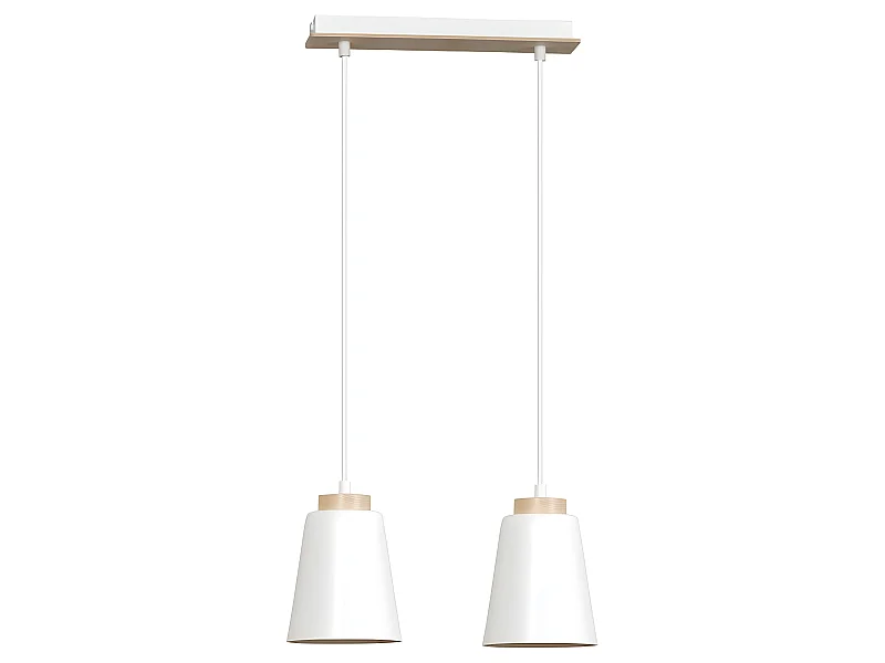 Deckenleiste Lasso mit 2 weißen Lampenschirmen aus Metall und Holz 2xE27